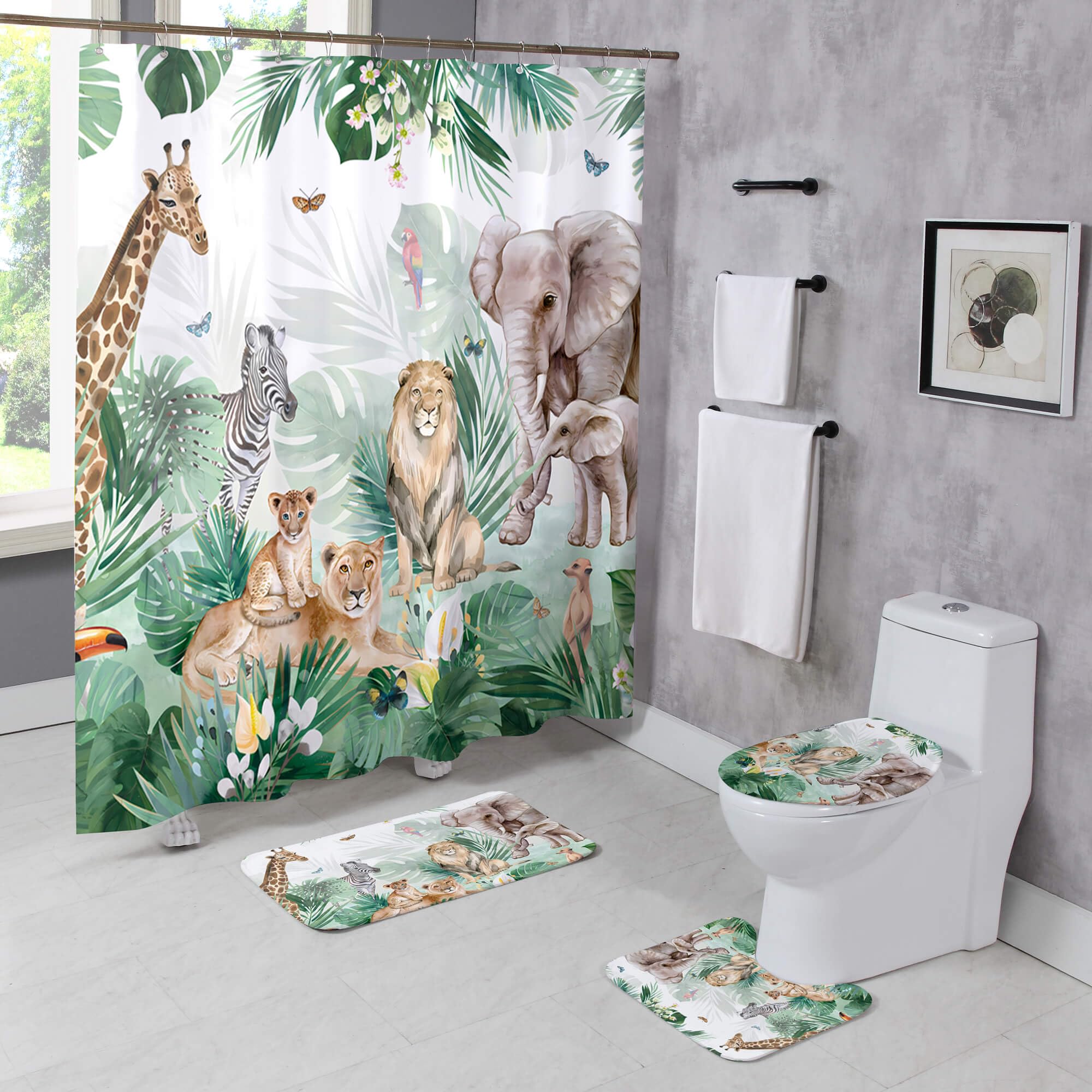 Duschvorhang-Set mit Dschungeltieren, mit Teppichen, Palmen, Afican, Safari-Thema, Badezimmer-Set, Kinderzimmer, Zuhause, Badewanne, Dekoration, langlebige Vorhänge, Matten,