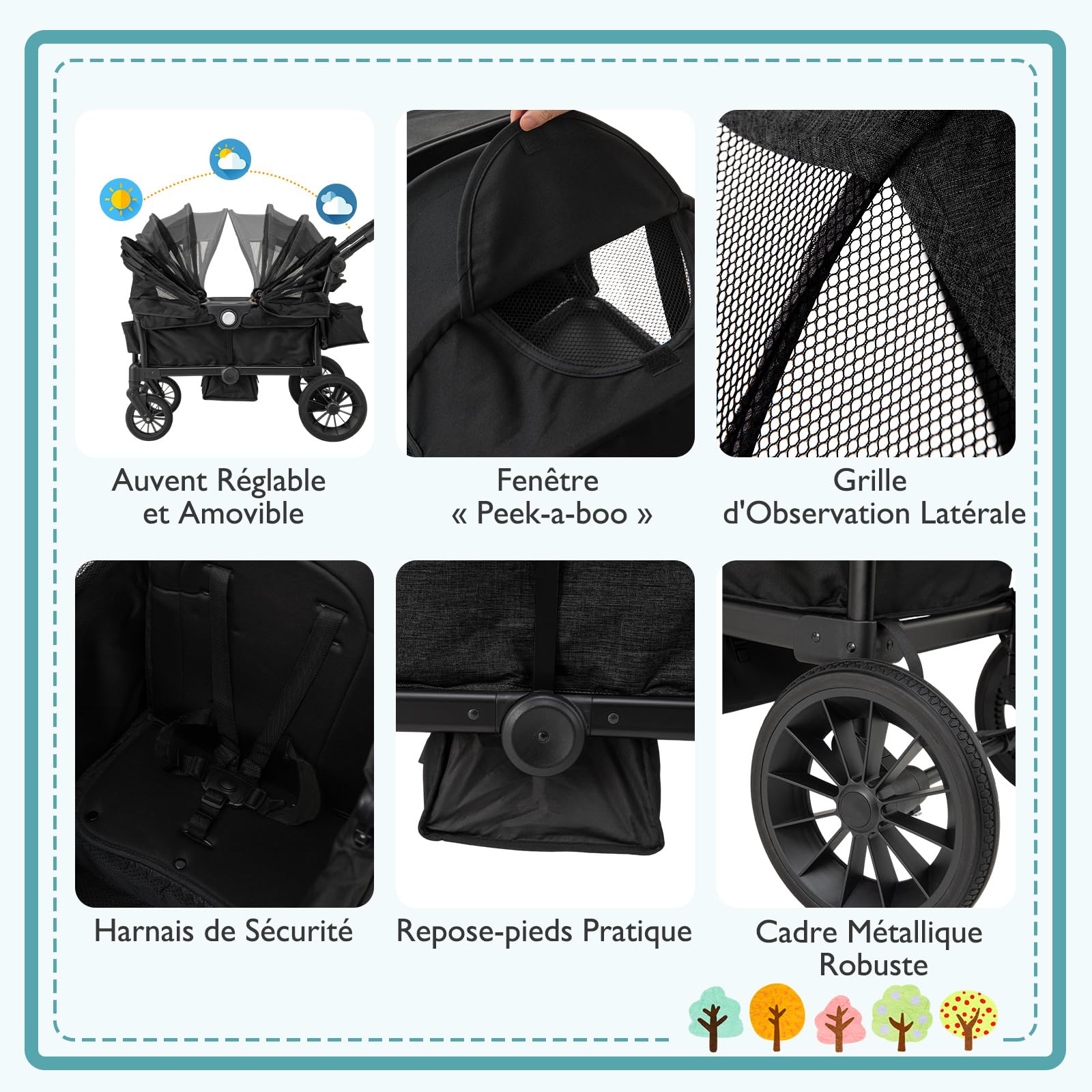 GOPLUS Poussette Double Bébé 6+ Mois, Poussette Landau Pliable avec Roues Tout-terrain, Canopée Pliable, Poignée Réglable, Ceinture de Sécurité, Espace de Rangement, Charge 25KG (Noir)