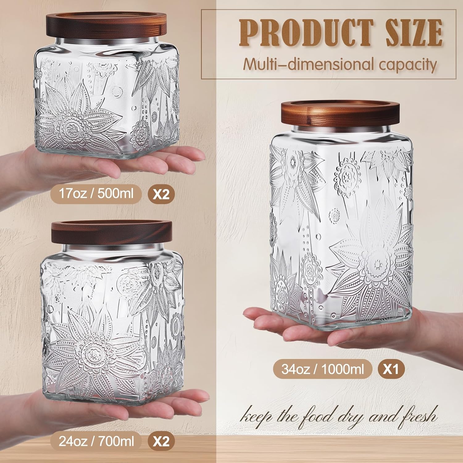 Suclain 5 Pcs Sunflower Vintage Glass Jars with Bamboo Airtight Lid 17/24/34 oz Glass Food Containers Storage for Kitchen Counter Pantry Sugar Flour Coffee Tea Candy Oats Cereal(Square)