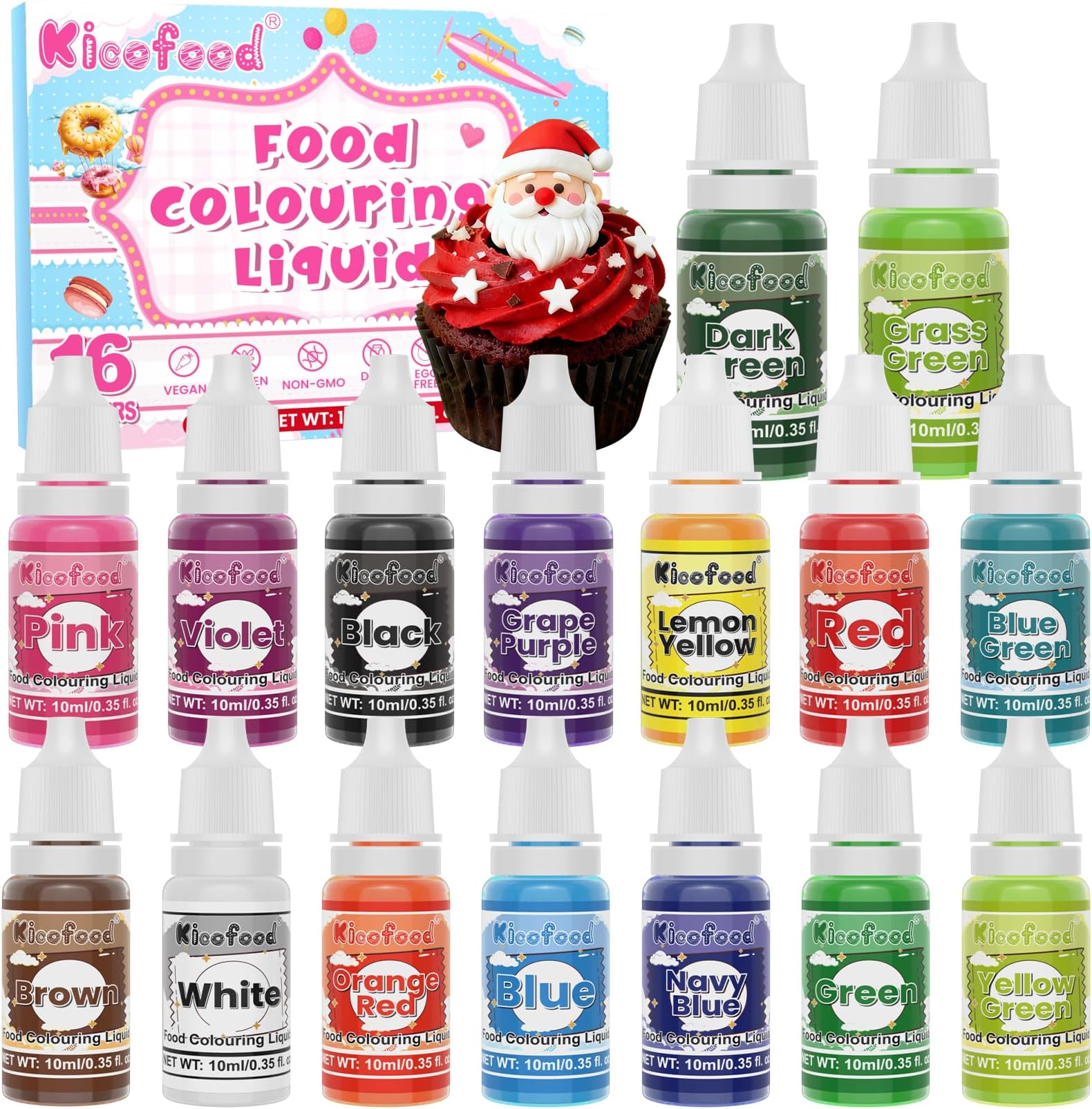Food Colouring Liquid - Kicofood 16 Color Food Dye Concentrated, Food Coloring for Macarons Baking Icing Cake Decorating Icing Diy Crafts Cooking - 10ml