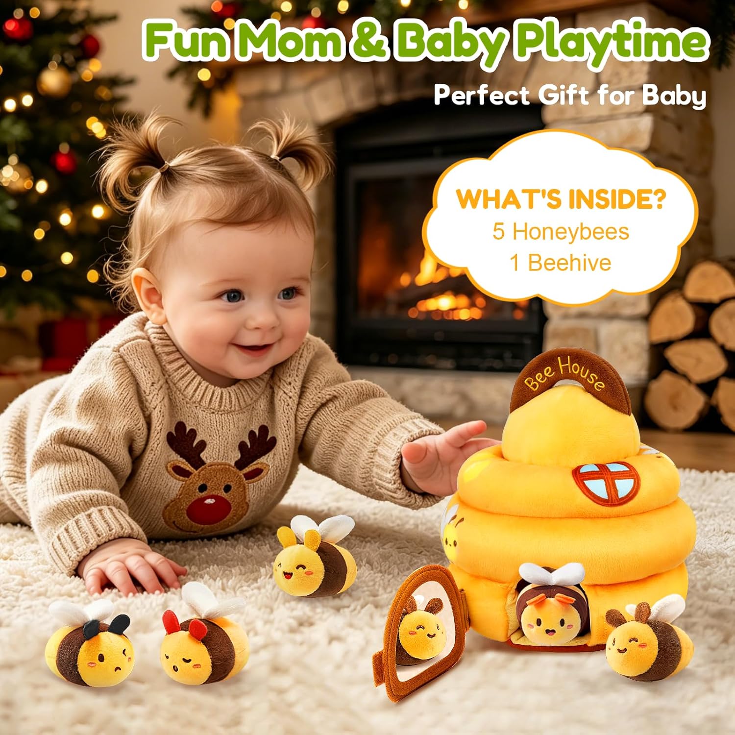 Baby Toys 6-12 Months, Soft Beehive Montessori Toys for 1-3 Year Old with 5 Bees Stuffed Animal, Sensory Toys for Toddlers with Rattle Crinkle Squeaker Mirror & Music, Baby Boys Girls Gifts