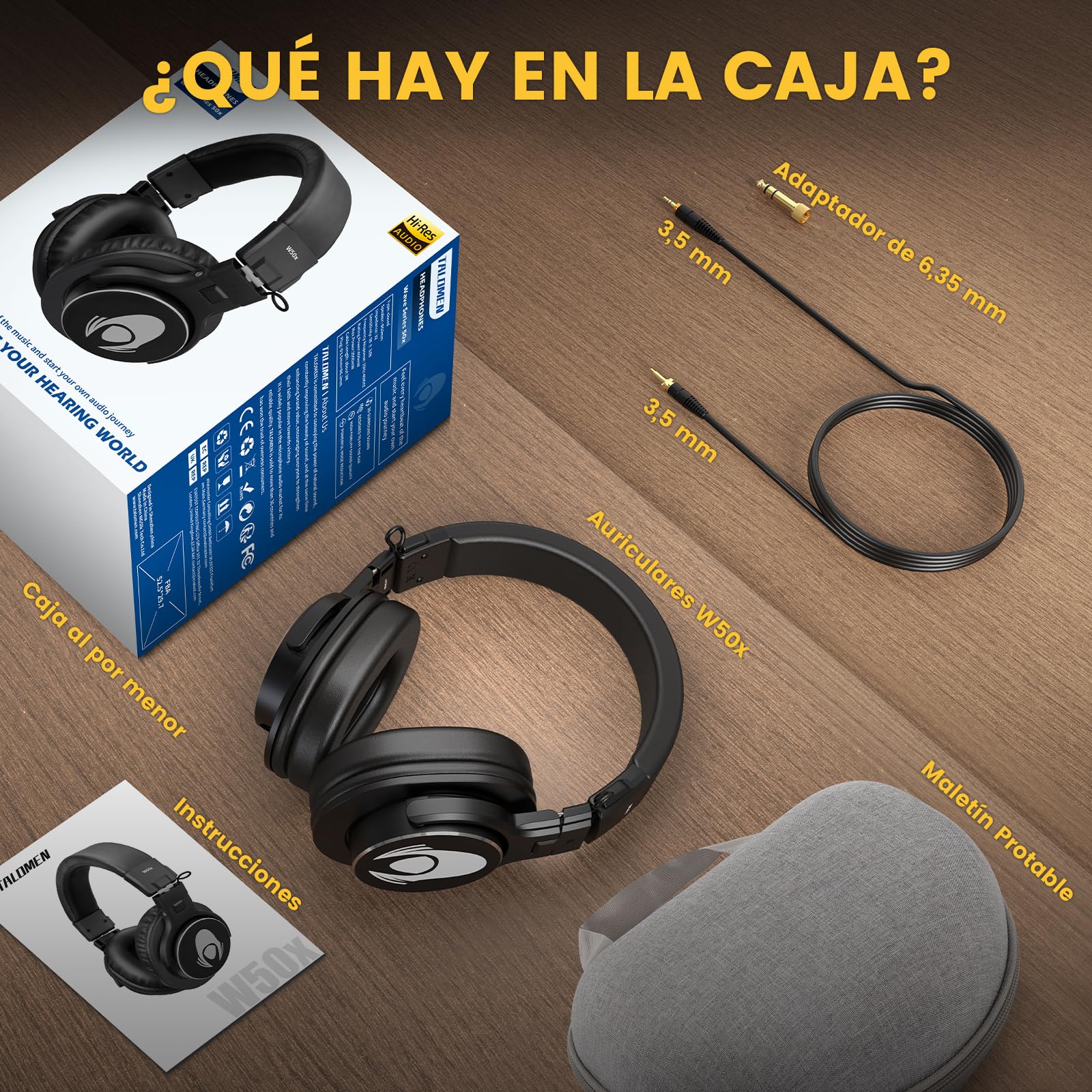 Talomen W50X Auriculares DJ con Cable de ruido,Auriculares de estudio para dj,auriculares con 50mm Controladores, 3.5 y 6.35mm Conector de Audio para PC AMP Grabación de Teléfono Piano Guitarra, Negro