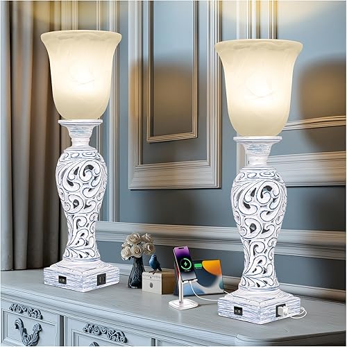 Miniatura 1 de Juego de 2 lámparas de mesa de 20 pulgadas de alto, lámparas de noche regulables de 3 vías con 2 puertos USB y pantalla de vidrio de alabastro