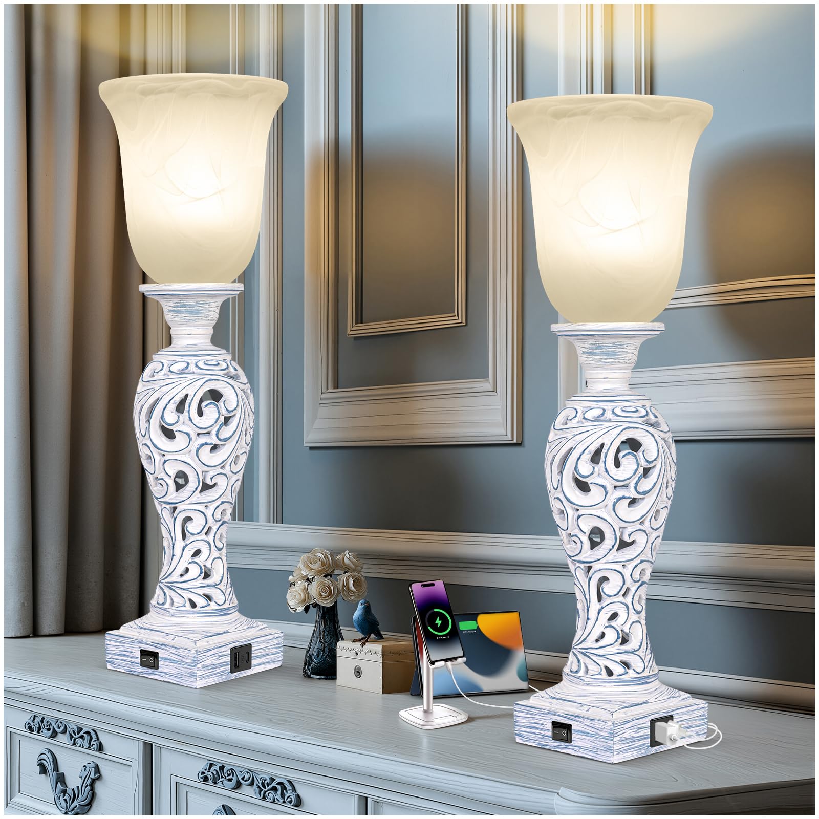 20" Vintage Table Lamp Set of 2 for Living Room, Rustic Farmhouse Bedside Lamps for Bedroom, 3-Way Dimmable Desk Lamps with Nightlight and 2 USB Ports, Traditional Nightstand Lamps with Glass Shade