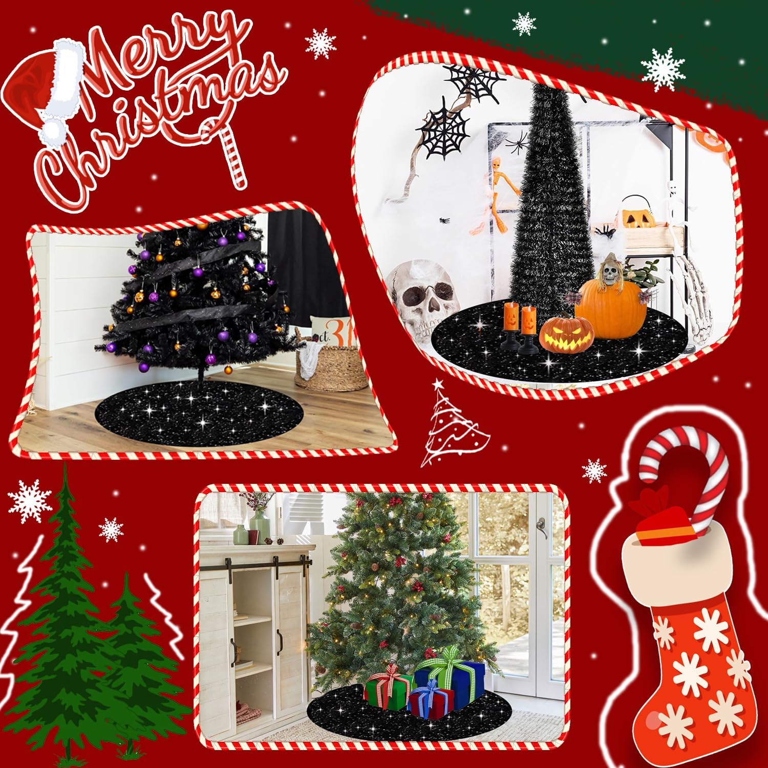 Black Christmas Tree Skirt 48 Inch Halloween Tree Skirt Velvet Tree Skirts for Artificial Trees Night Mare Before Christmas Tree Skirt for Xmas Tree Stand Cover Santa Claus Home Holiday Decor