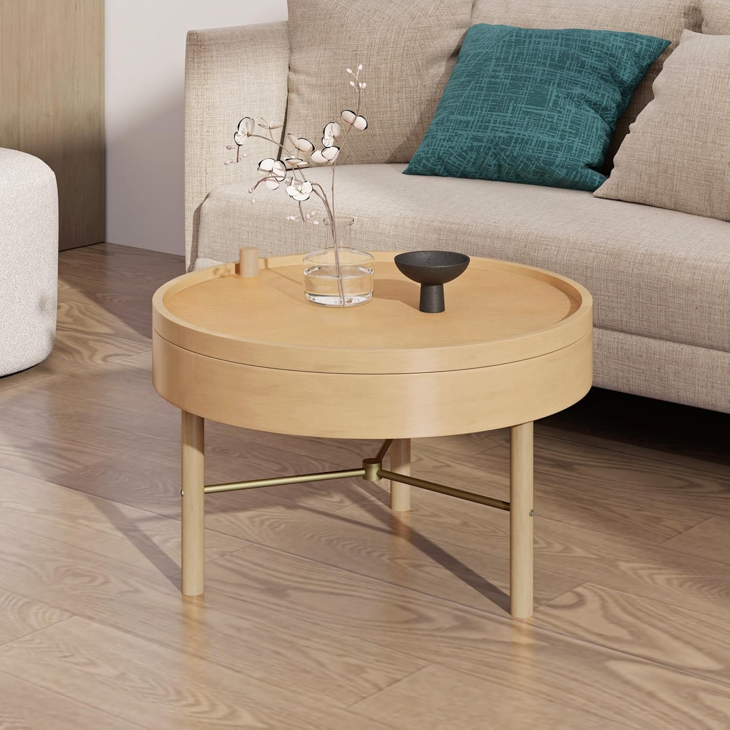 Modern Round Wood Rotating Tray Coffee Table with Storage