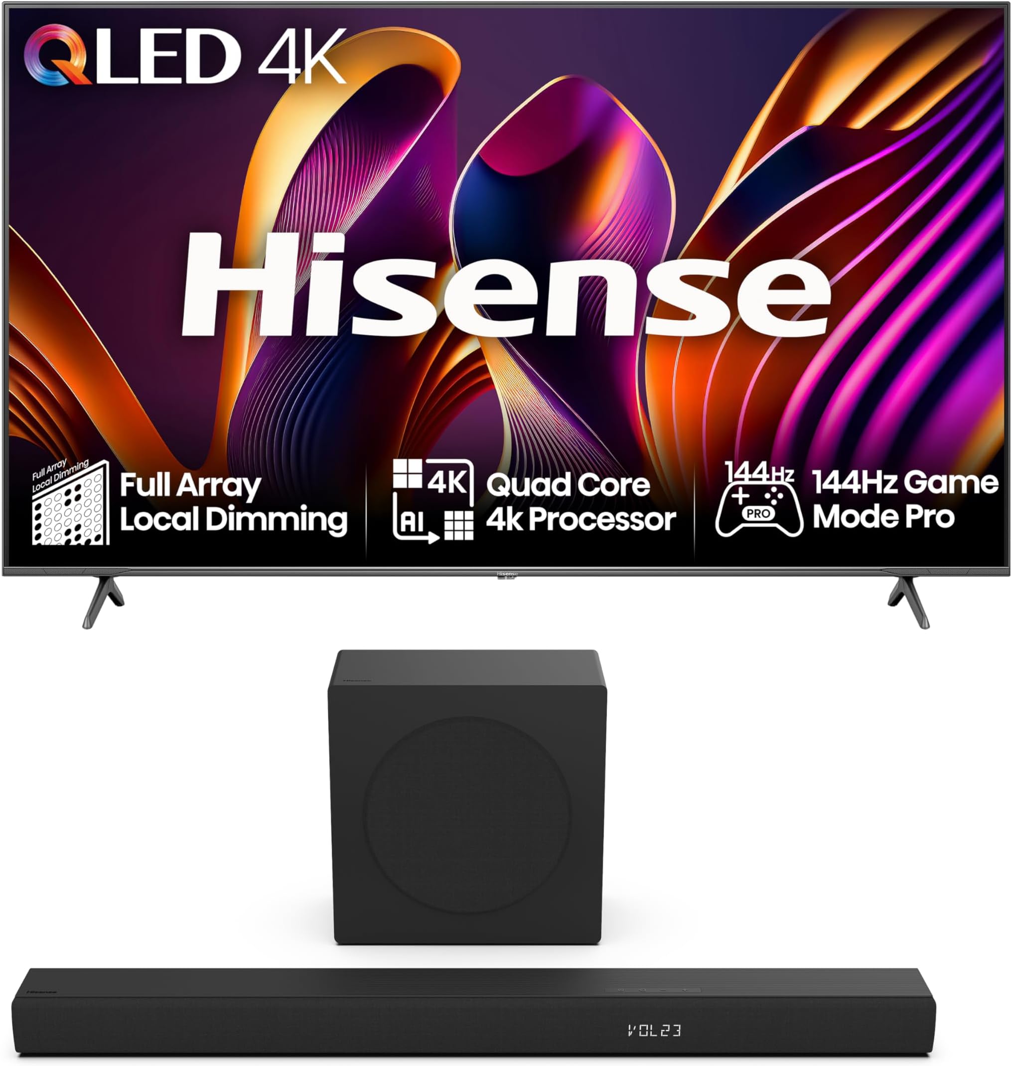 Hisense TV & Soundbar Bundle: 65E7NQTUK PRO TV with Quantum Dot Colour Plus the HS3100 Soundbar with 480W Power, Direct Surging Sound, The Perfect Match for the ultimate Audio-Visual Experience