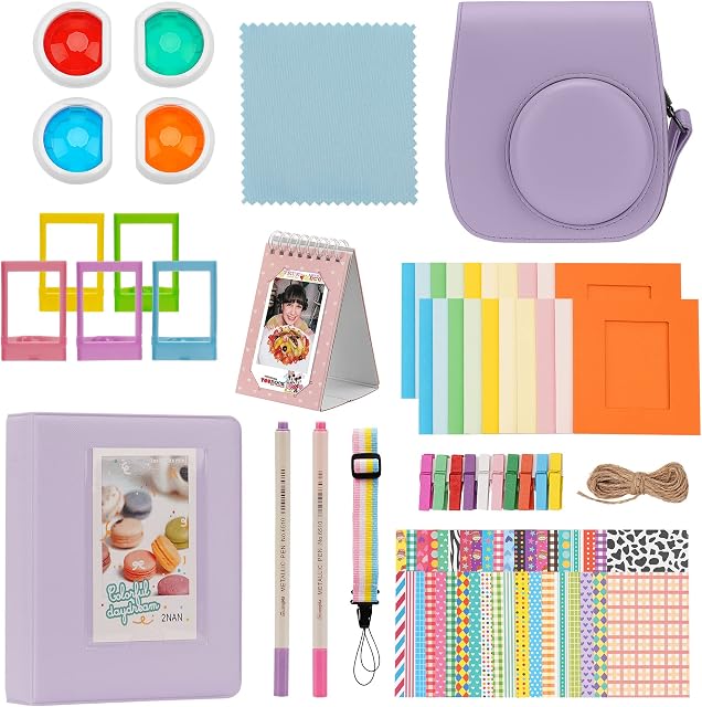 Minahao Mini 11 Camera Accessories Set Compatible with Instax Mini 11 Instant Camera - Include:Camera Case, Photo albums, stickers, photo frames, filters, rainbow straps, etc. (Purple)