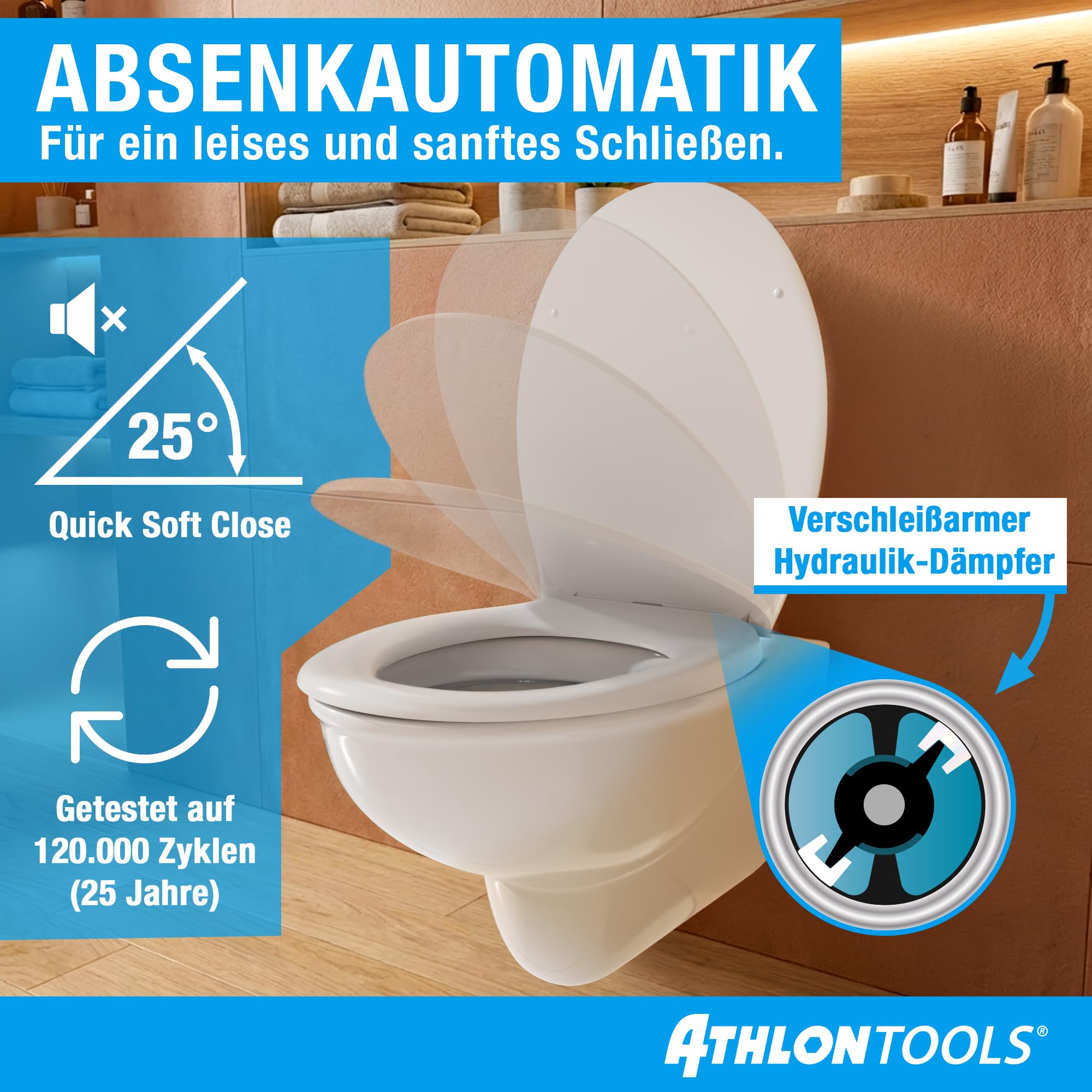 ATHLON TOOLS Toilettendeckel mit Absenkautomatik O-Form – Duroplast WC Sitz, Soft-Close & Quick-Release – Antibakterielle, kratzfeste & UV-beständige Klobrille inkl. Installationsschablone