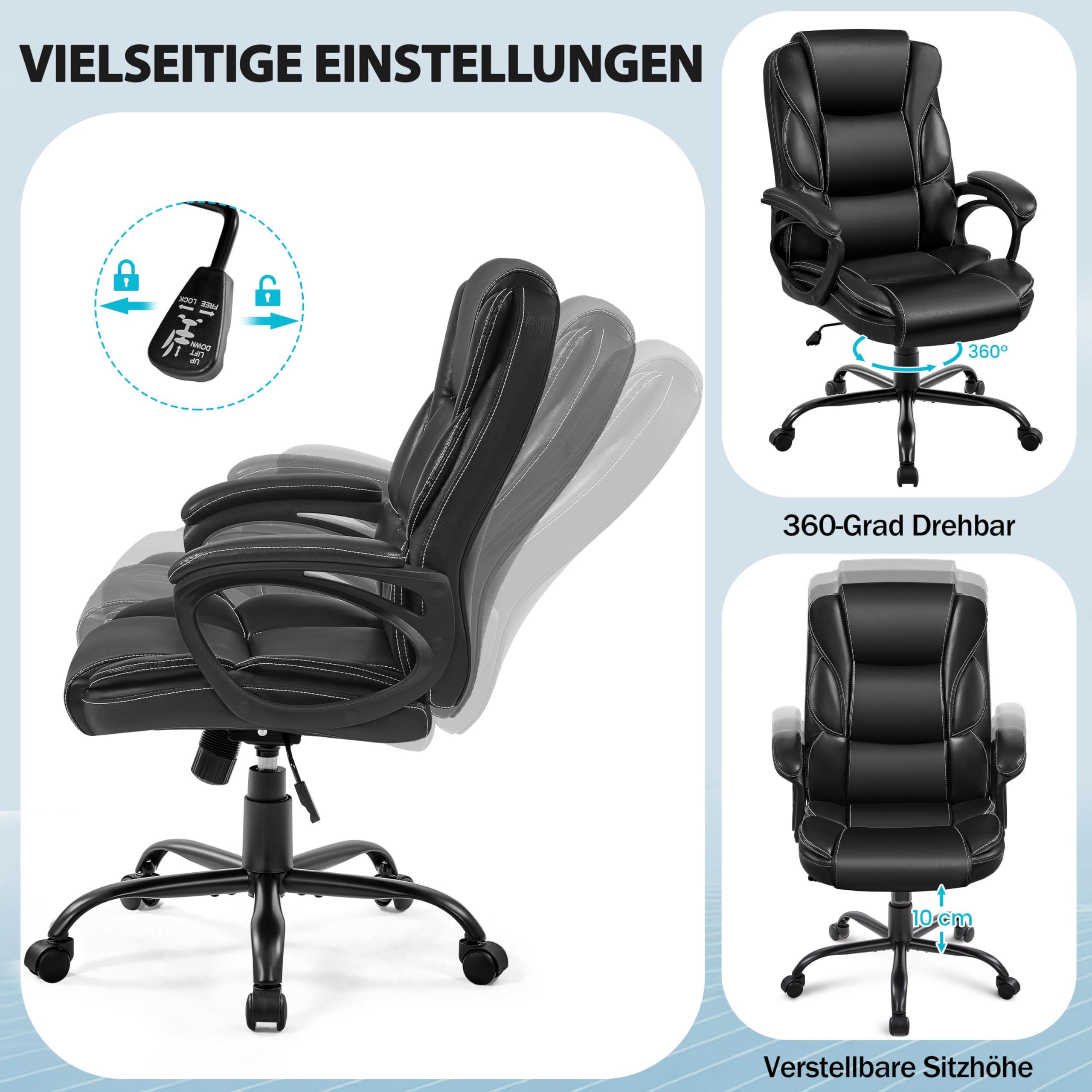 Yaheetech Bürostuhl Schreibtischstuhl, Chefsessel aus Kunstleder, Drehstuhl mit Rollen, Computerstuhl mit Hoher Rückenlehne, Wippfunktion, Belastbar bis 136 kg, Schwarz