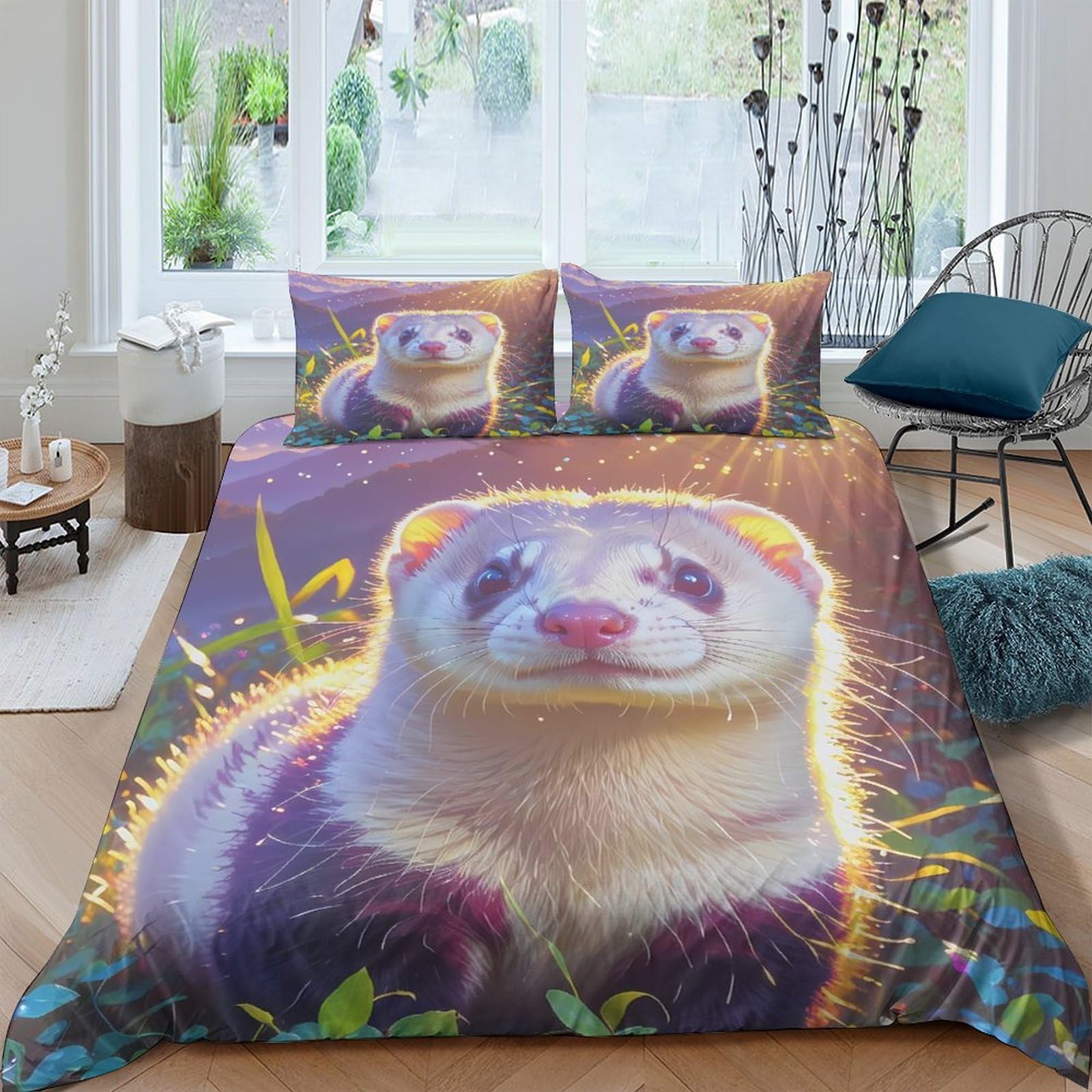 GPLZQXKJNH 3D Printed Cute Ferret Duvet Cover Microfiber Soft Breathable Animal Bedding Set with 2 Pillowcases for Bedroom Decor Single（135x200cm）