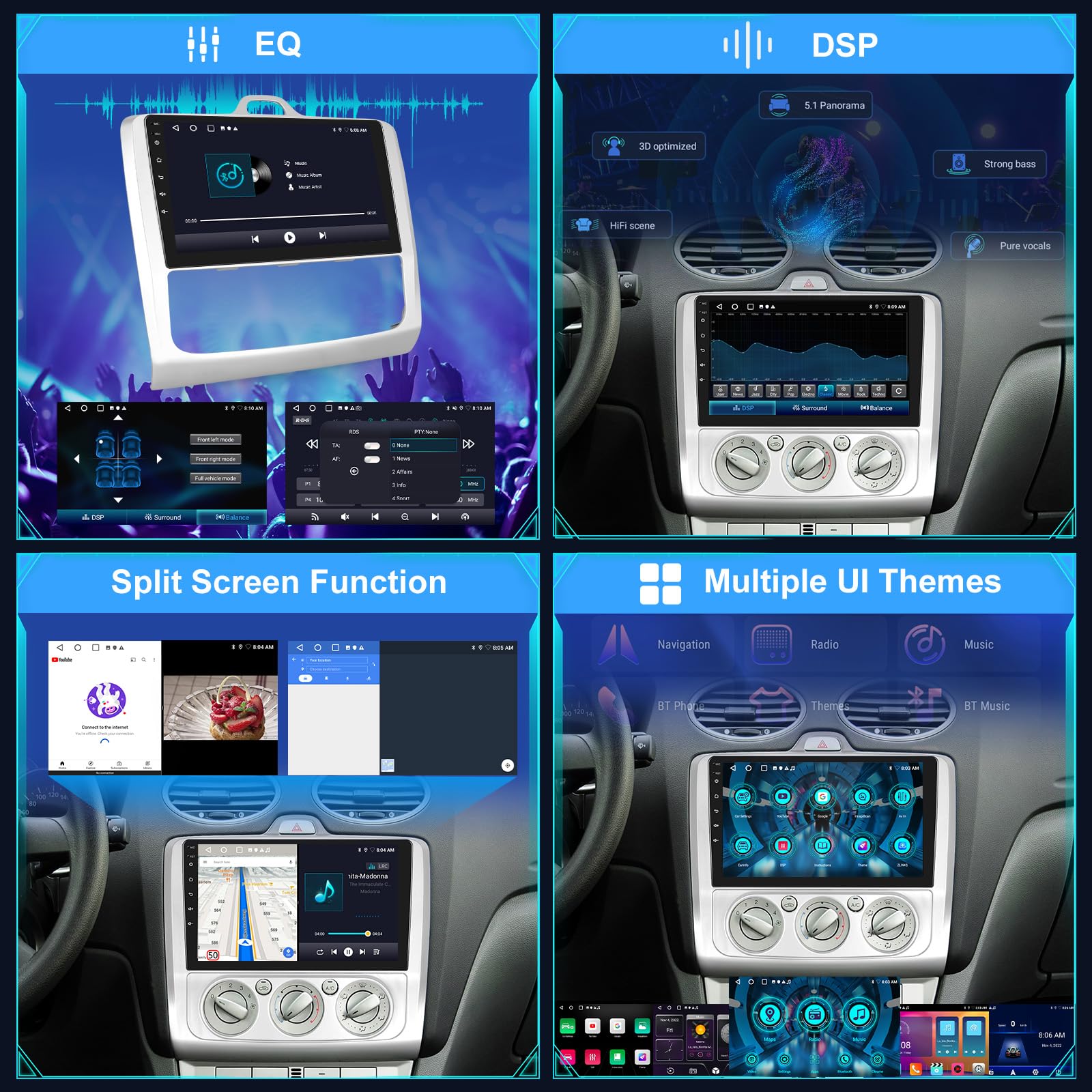 [2+64G] Android 13 Car Stereo para Ford Focus Exi MT 2 3 Mk2 Mk3 2004-2011 con Wireless Carplay y Android Auto - 9 Pulgadas de Pantalla Táctil Radio con WiFi/GPS/DSP/FM/RDS Radio + Cámara de Seguridad