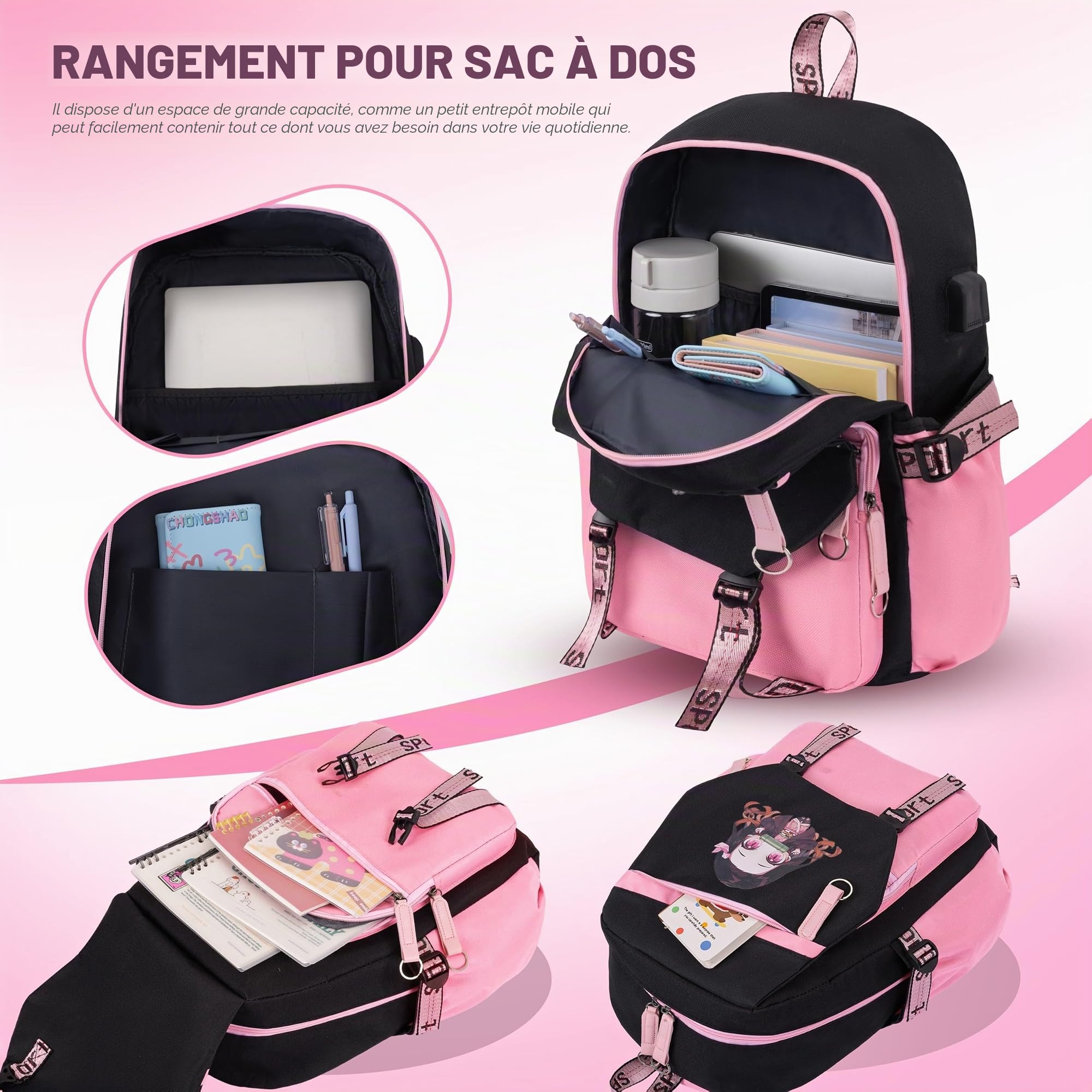 Roffatide Sac à dos Anime School pour filles et garçons avec port de recharge USB et port pour écouteurs