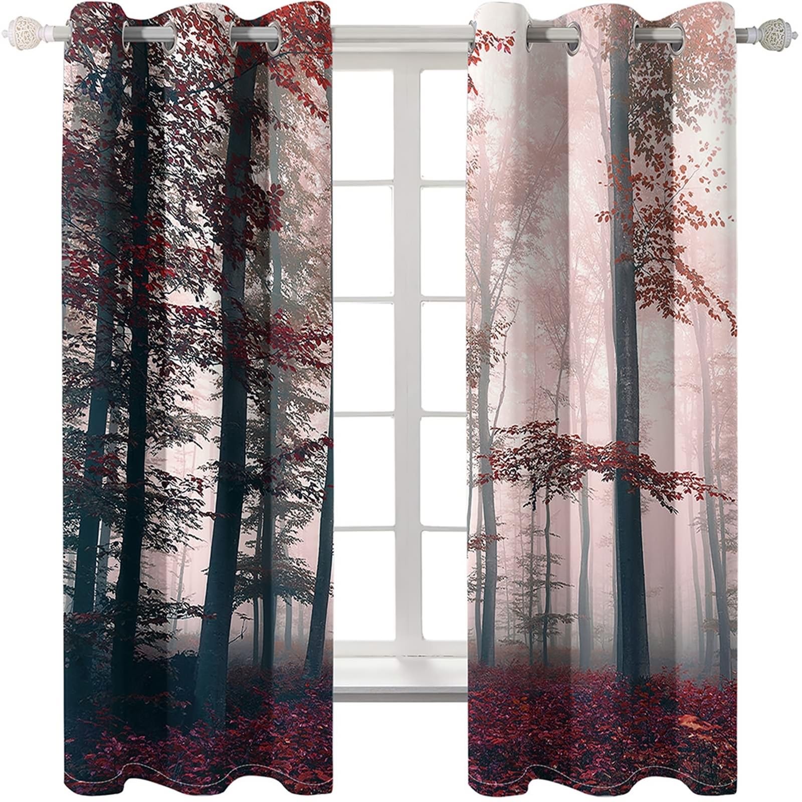 Wycian Barra Cortina Cortinas Gris Gris Oscuro Rojo 2 Piezas Poliéster Paisaje Bosque Brumoso 234L X 229H Cm Premium Modo Actualización 3.0