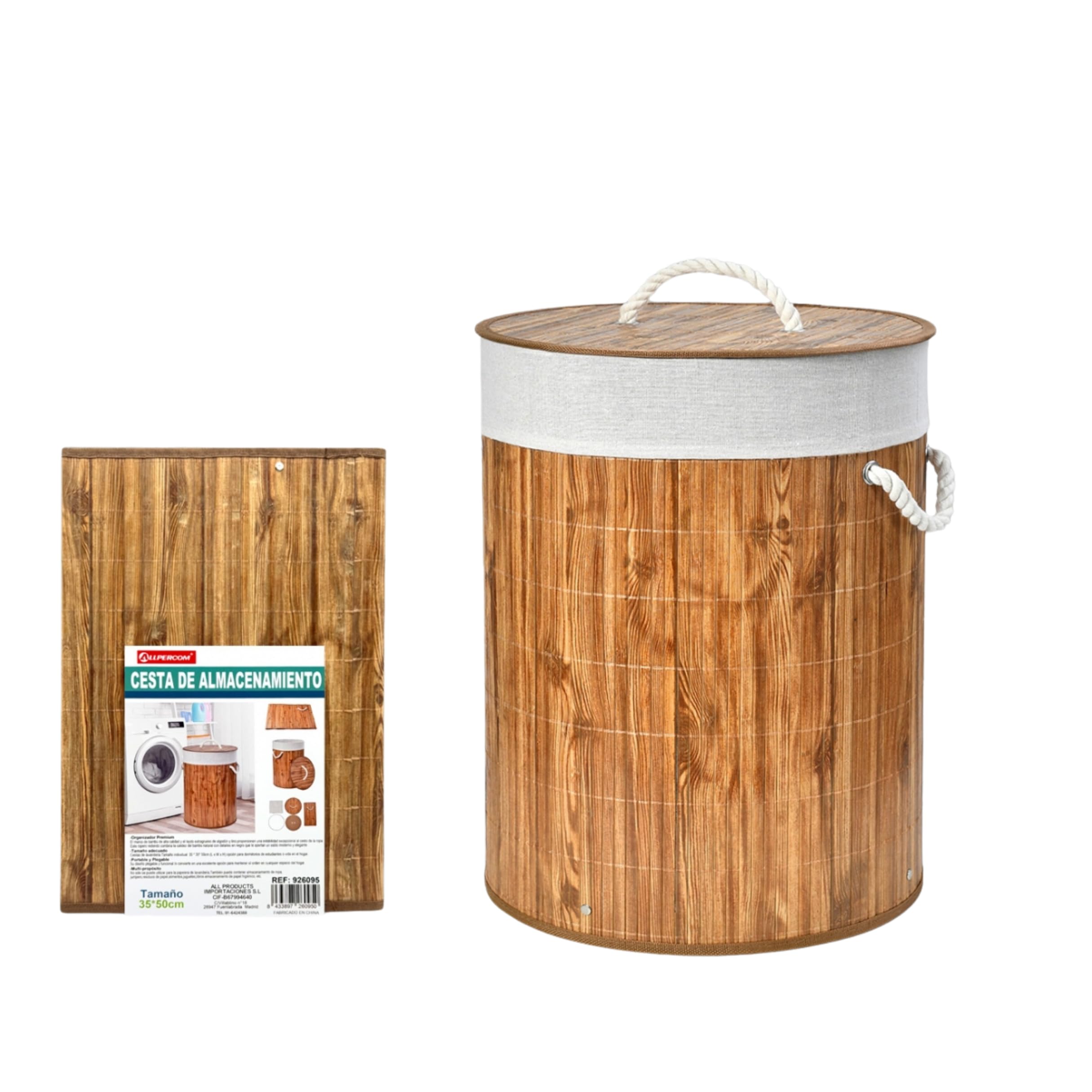 Weida Cesto de la Ropa Sucia de Bambú | Rectangular con Tapa y Asas Plegable | Bolsa Extraíble y Lavable |Moderno, para baño o Dormitorio | Marrón Madera (50cm-35cm Redondo) - 1