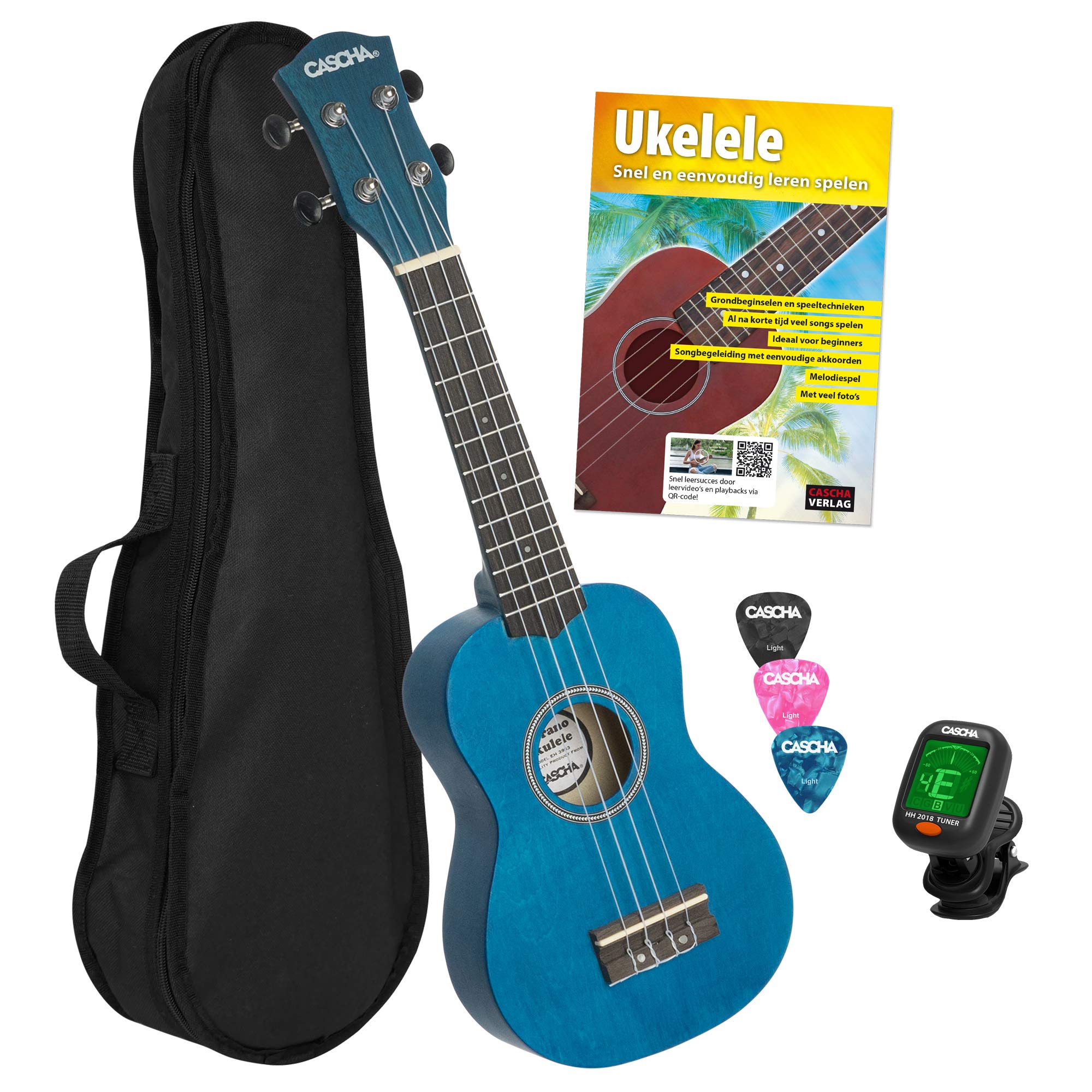 CASCHA Sopran Ukulele Set Niederländisch - für Kinder & Erwachsene I Starter Kit mit 3 Plektren Tasche holländisches Lehrbuch mit DVD Stimmgerät I Aquila Saiten Nylon I Kleine Hawaii Gitarre Blau