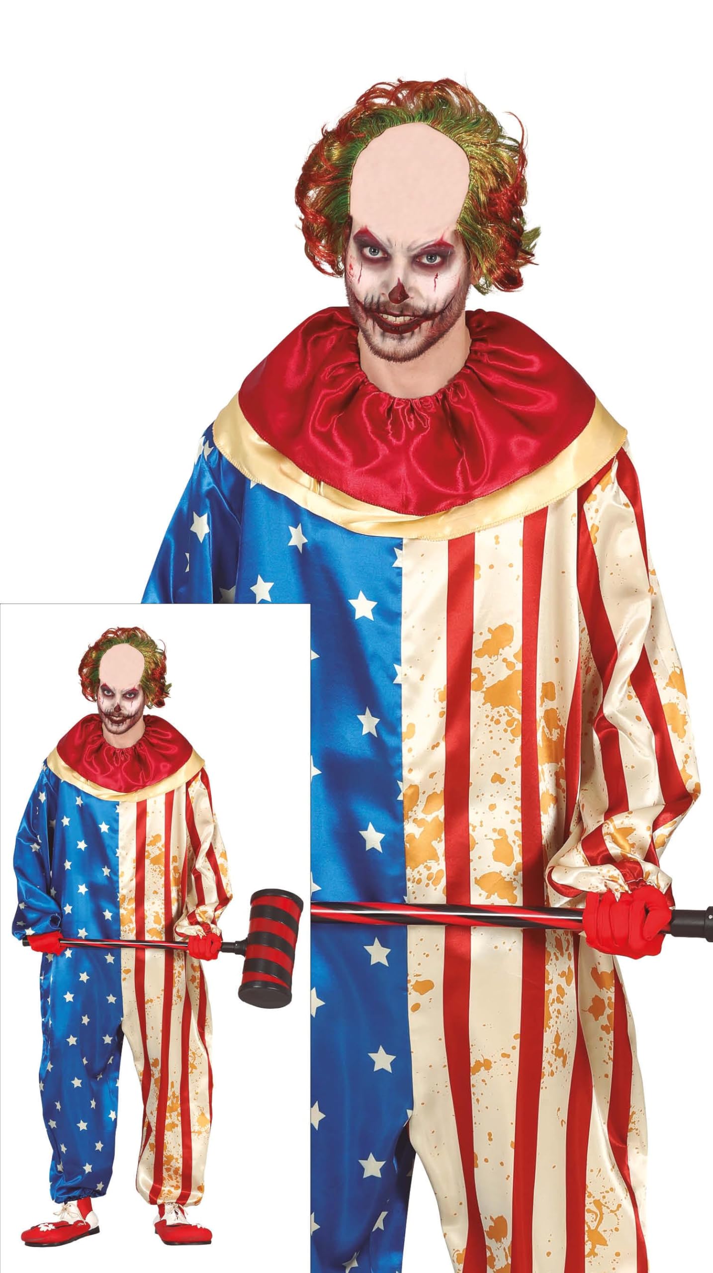 FIESTAS GUIRCA | Disfraz Patriot Clown Adulto (54-56/XL) - Cuello y Mono - Disfraces de Payaso Americano para Halloween, Carnaval y Fiestas Patrióticas - Ideal para Adultos - Rojo y Azul
