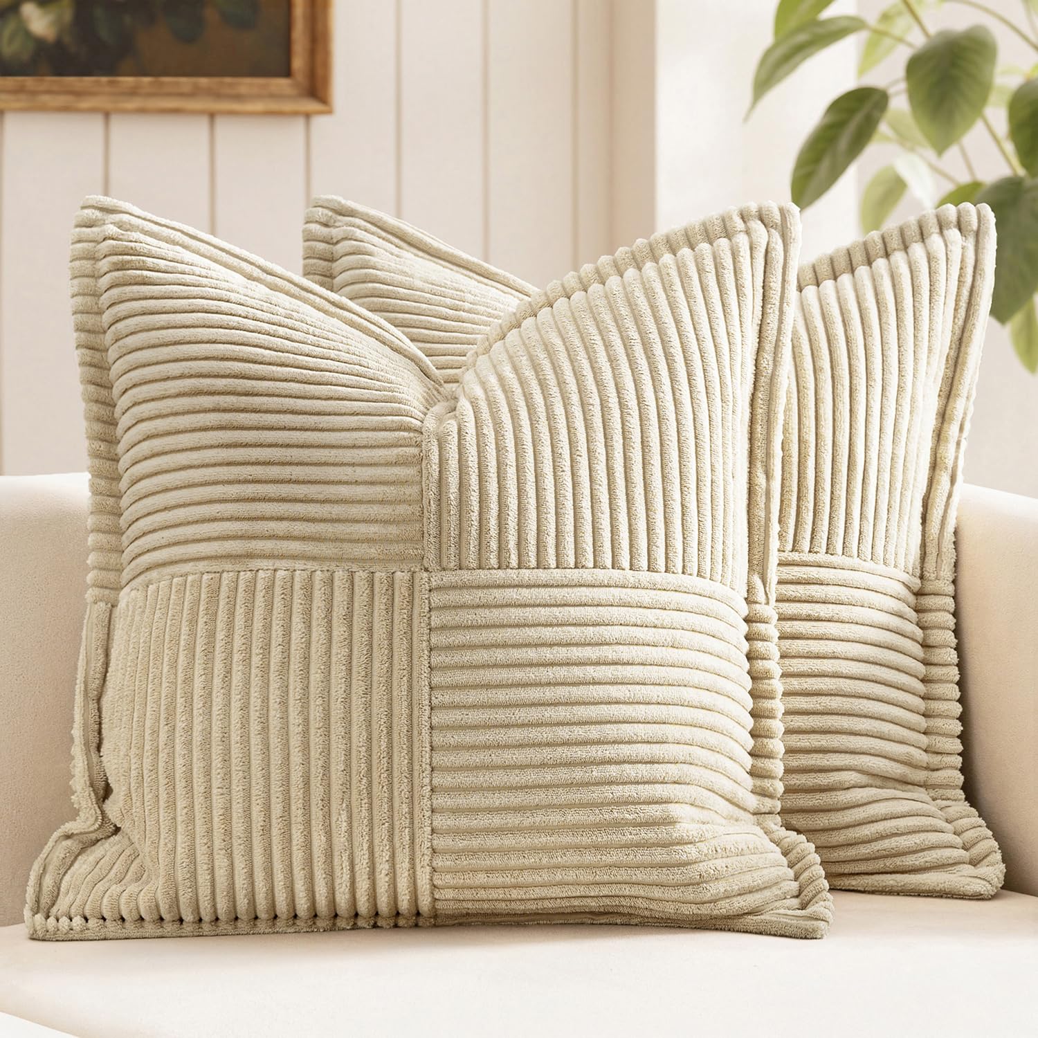 MIULEE Decorative Throw Pillow Covers for Couch Bed Livingroom 20x20 Inch Set of 2 Cream Boho Accent Throw Pllows Broadside Striped Patchwork Soft Corduroy Pillowcases