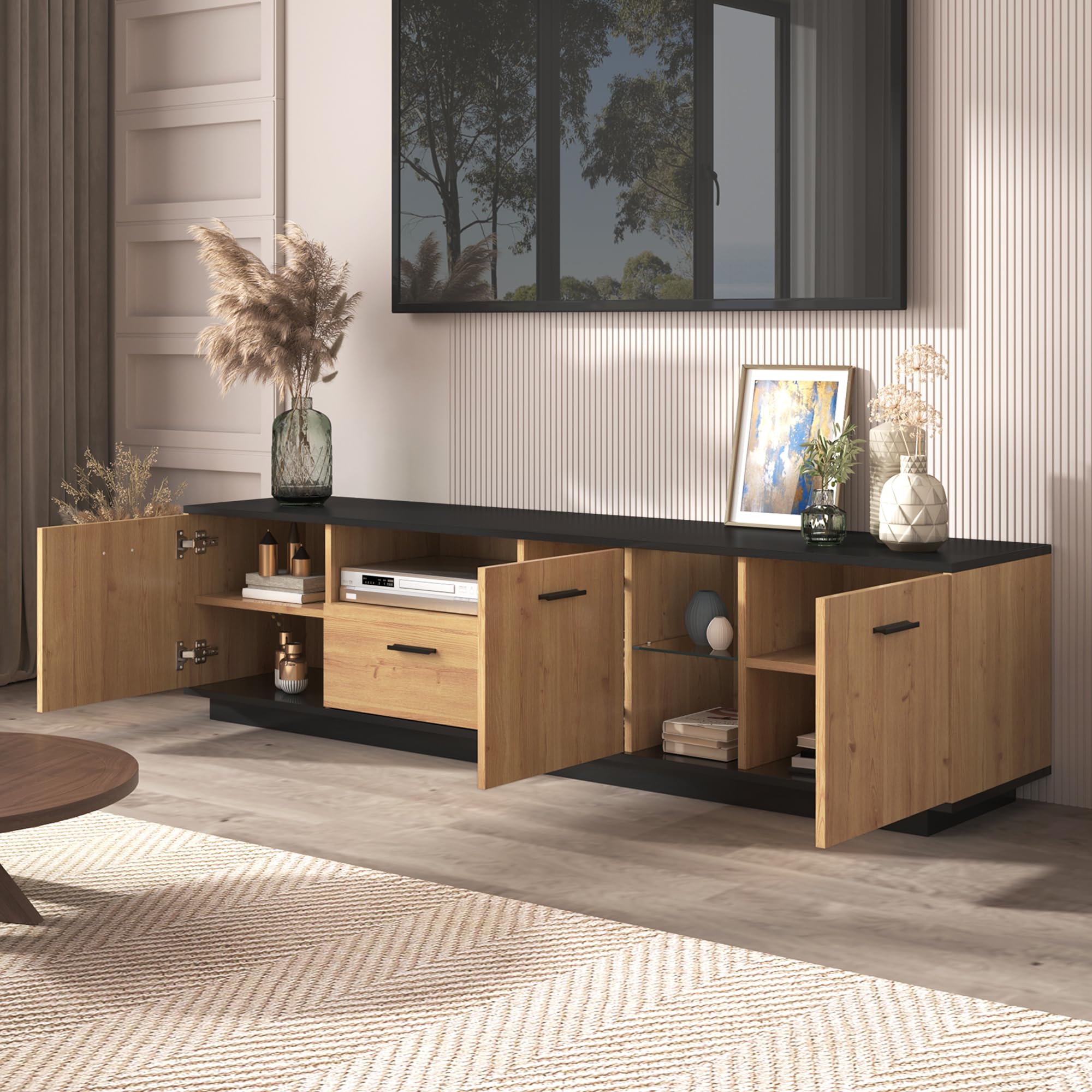 SACOOL Mobile TV color legno + dimensioni con cassetto, porte aperte, mobili TV in vetro, pannello basso, 15 luci LED.