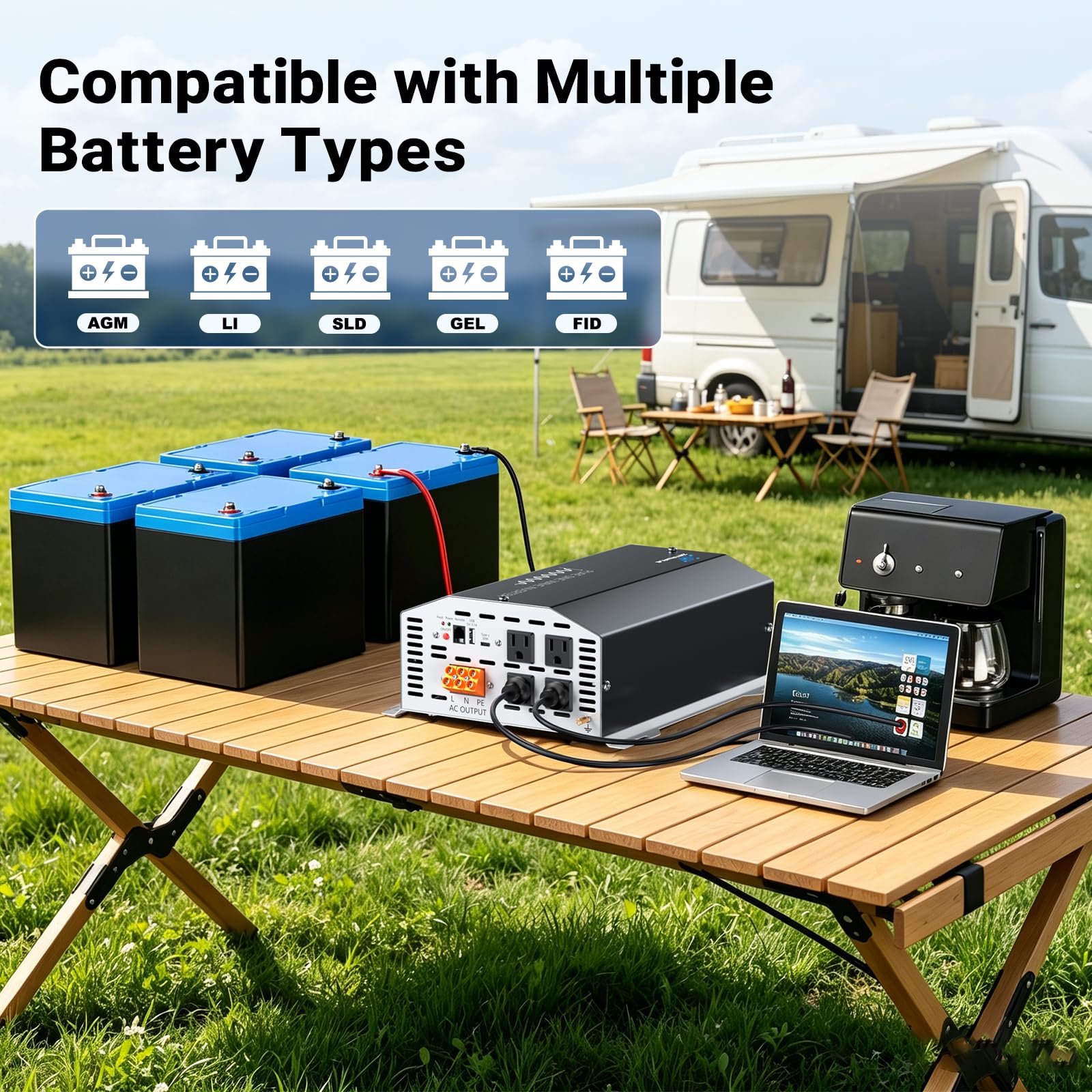 2000W 12V DC 110V 120V AC 4 wyjścia AC, USB Type-C, zdalne sterowanie LCD do ciężarówki, RV