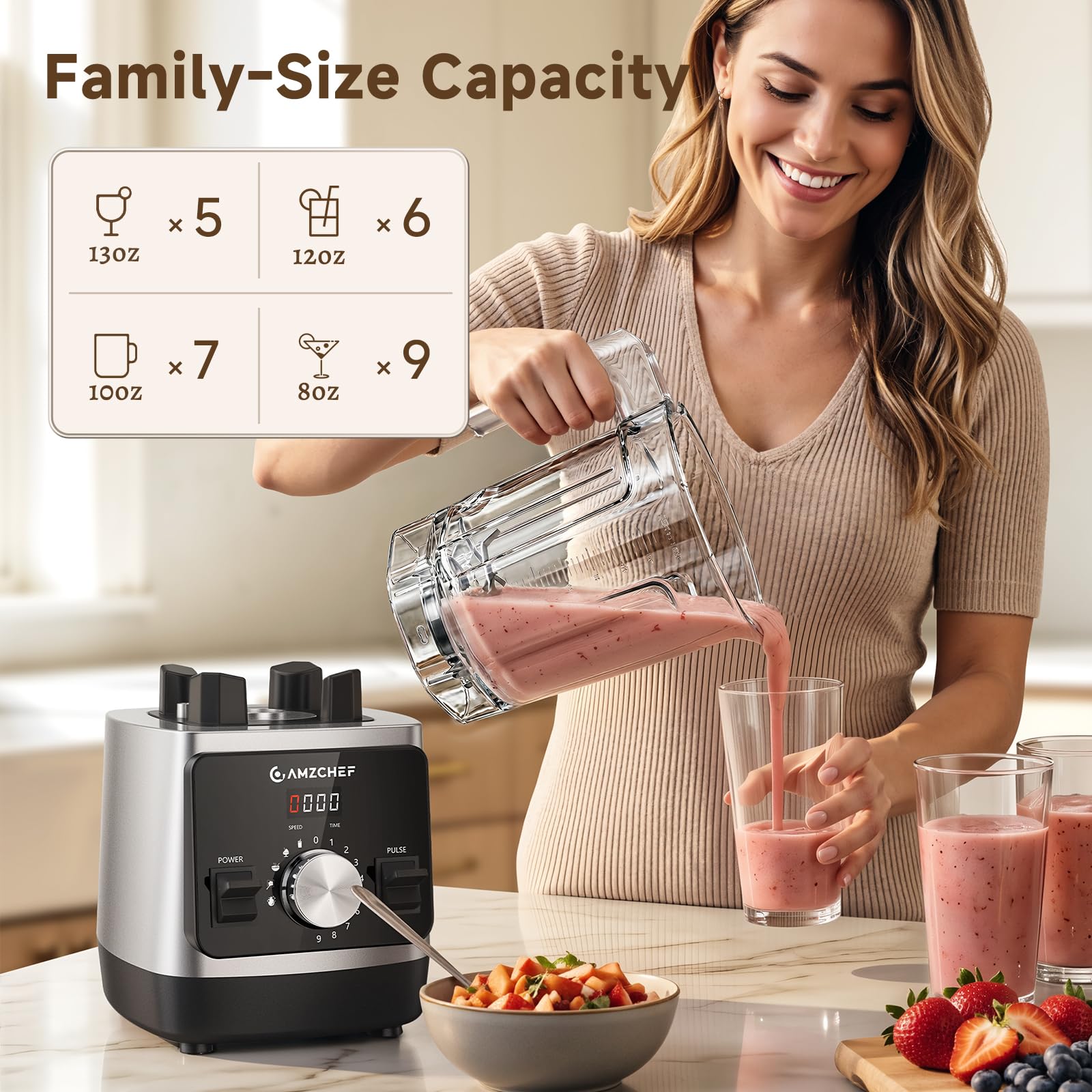 AMZCHEF blender 1800 W do smoothie, miska 2 l z tritanu, bez BPA, idealna do kruszonego lodu, mrożonych owoców i sosów, 5 wstępnie ustawionych programów i 9 prędkości [klasa energetyczna A+++]
