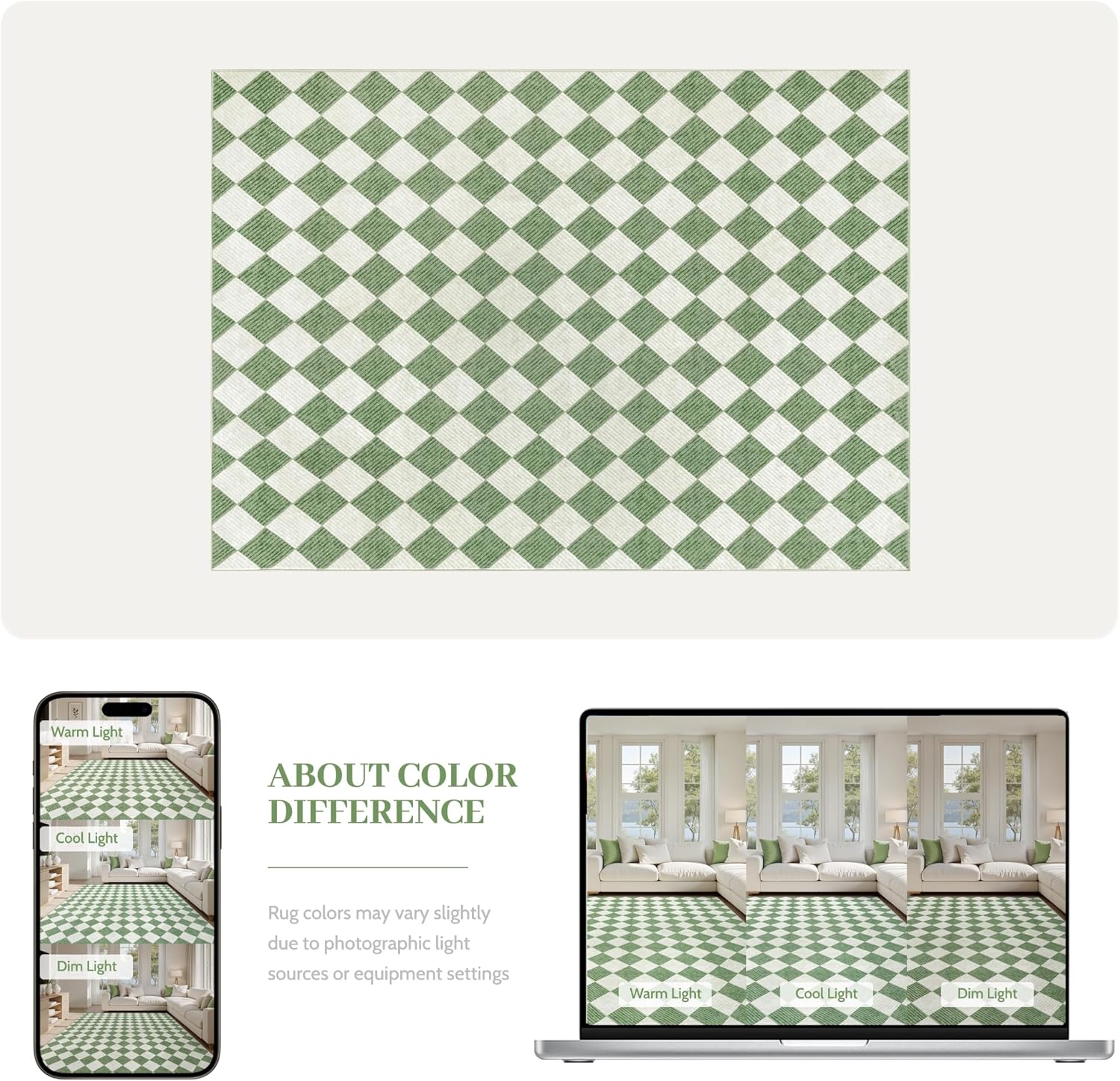 Washable Green Checkered Rug 5x7, Non-Slip Low Pile Area Rug for Living Room, Bedroom, Nursery, Modern Neutral Farmhouse Diamond Carpet, Pet & Kid Friendly