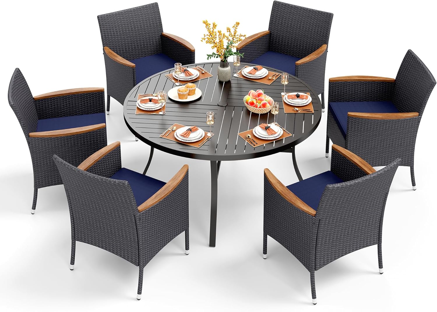 PHI VILLA 7 Pieces Patio Round Dining Set for 6, Large Wrought Iron Outdoor Dining Table with Umbrella Hole & Cushioned Wicker Rattan Chairs, Dining Furniture Set for Deck, Yard, Porch