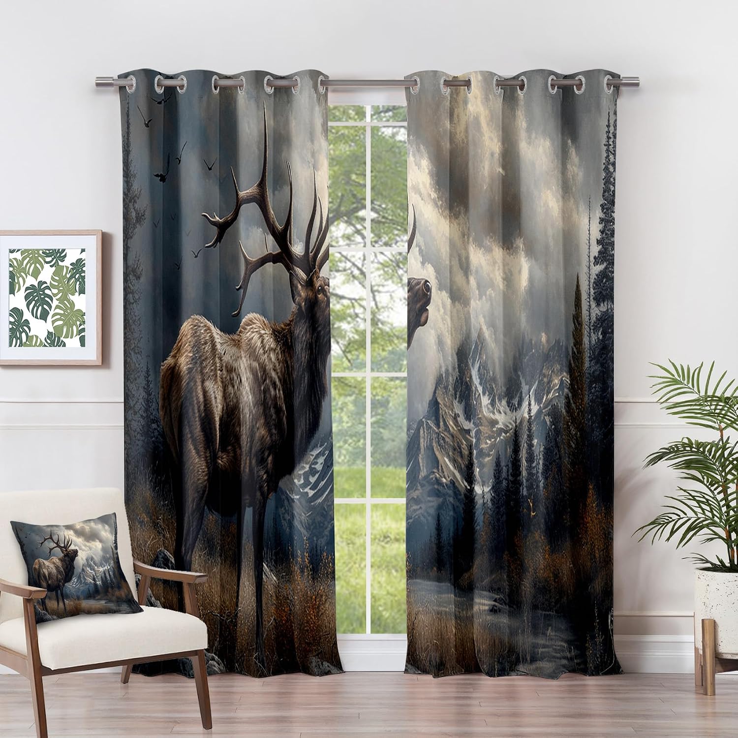 Elk Curtains 63 Inch Length - Deer Wildlife Cabin Animal Patterned Blackout Curtains for Living Room Bedroom, Room Darkening Grommet Drapes Window Treatments, 2 Panel Set