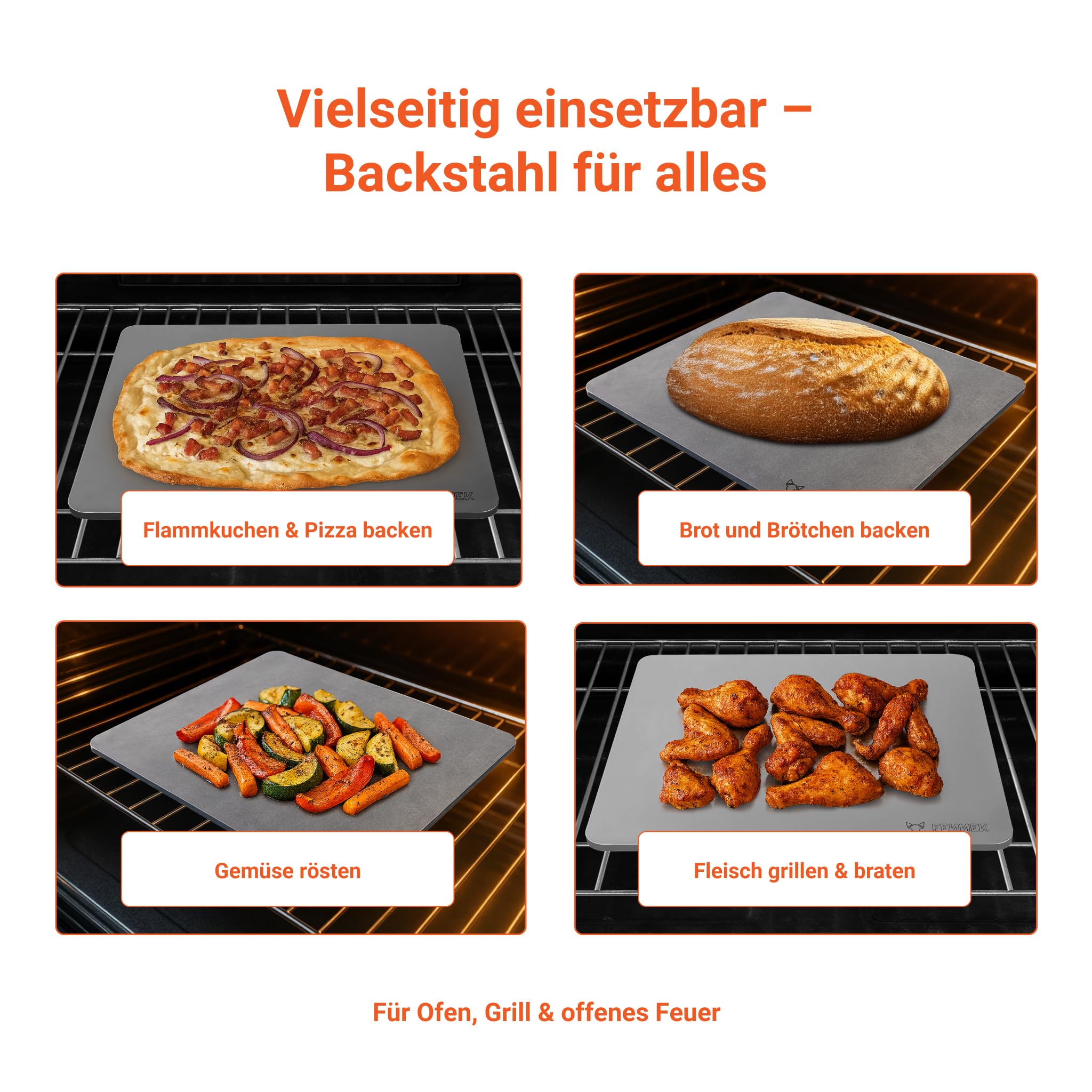 FENNEK Backstahl 38 x 33 x 0,8 cm | aus 8,0 mm starkem Feinkornstahl | Backe Pizza, Brot und vieles mehr wie ein Profi! | Made in Germany