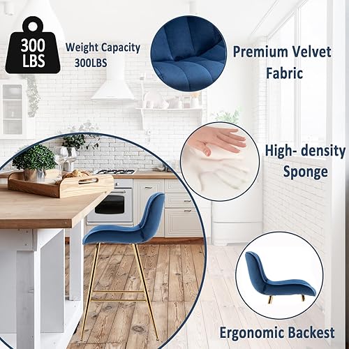 Miniatura 5 de Sidanli Blue - Juego de 2 taburetes de bar de terciopelo de 24 pulgadas con reposapiés, sillas de bar modernas para el hogar, isla de cocina,