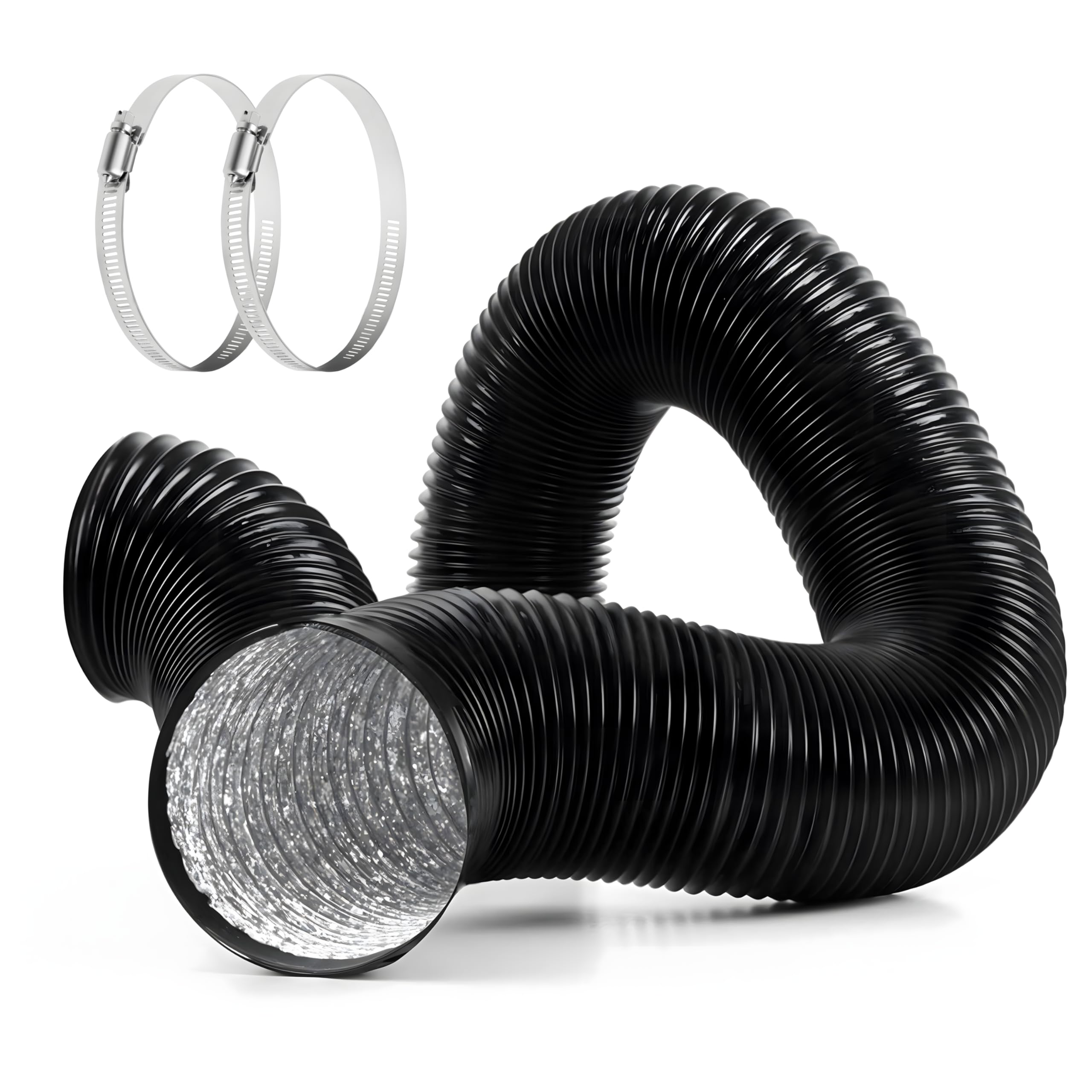 iPower Flexible 3 Inch 16 Feet Aluminum Ducting 4 Layer Protection Dryer Vent Hose for HVAC Heating Cooling Ventilation and Exhaust, 2 Clamps Included, Black