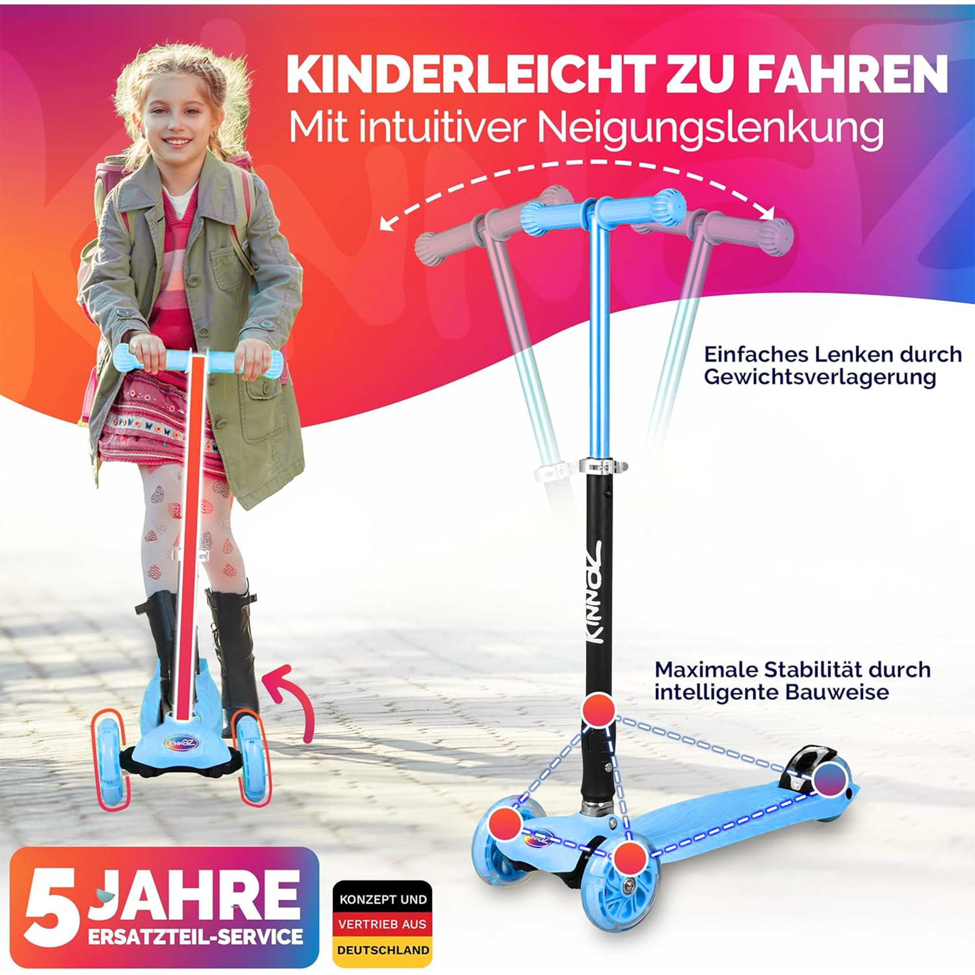 Kinderroller 5-12 Jahre kinnaz Two, Kinder Roller, Roller für Kinder ab 5 Jahre, faltbar, stufenlos Höhe einstellbar, LED Räder, Scooter, 6 7 8 9 Jahre, Schulkind, bekannt aus Focus, aus Hamburg