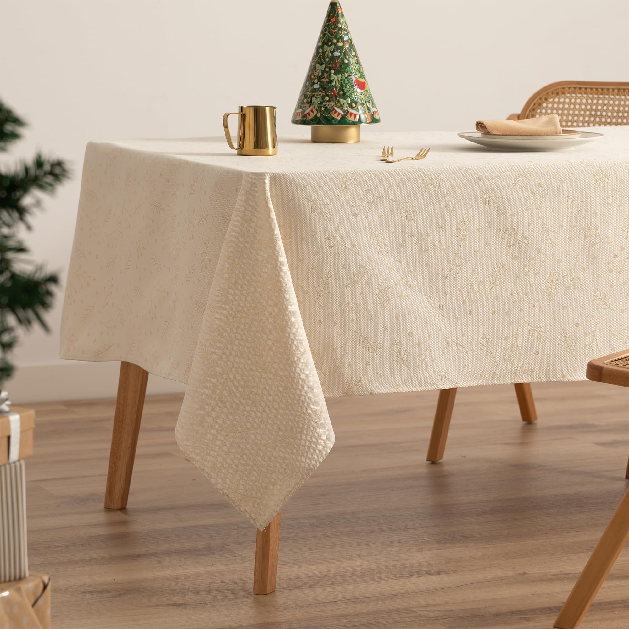 GAMUSI Mantel Navidad Jacquard Hilo Dorado Mesa Comedor Rectangular Decoración Navideña 140x100 cm Color Crudo