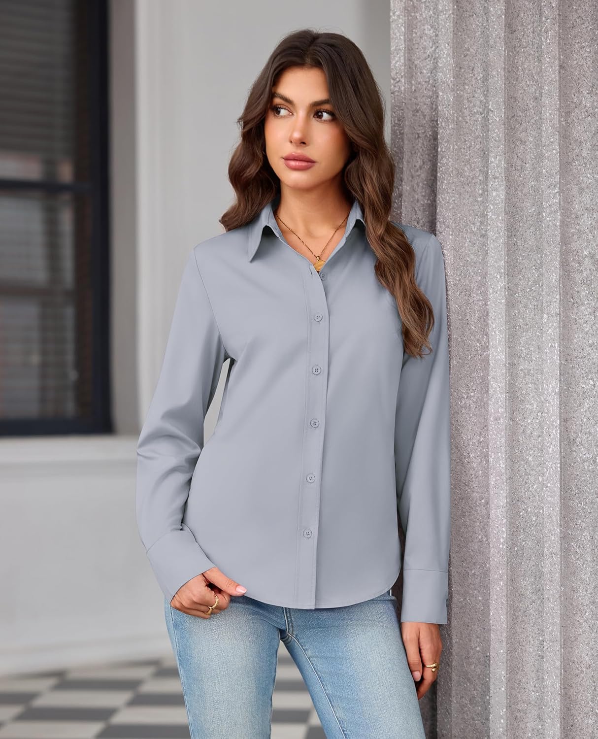 siliteelon Button Down Dress Shirts for Women Long Sleeve Wrinkle Free Shirts Solid Work Business Formal Button Up Shirt - Image 4