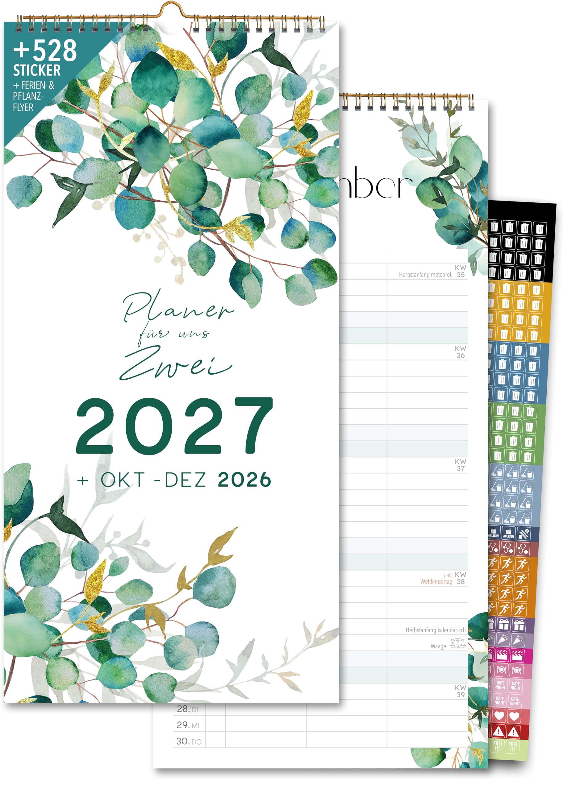 Schöne Güter® Paarkalender 2027 Familienkalender 3 Spalten 16 x 32,5 cm EUKALYPTUS Greenery Wandplaner für 2 Personen Paarplaner Natur Design Modern und Frisch inkl. Sticker und Feiertage – Amazon Angebot