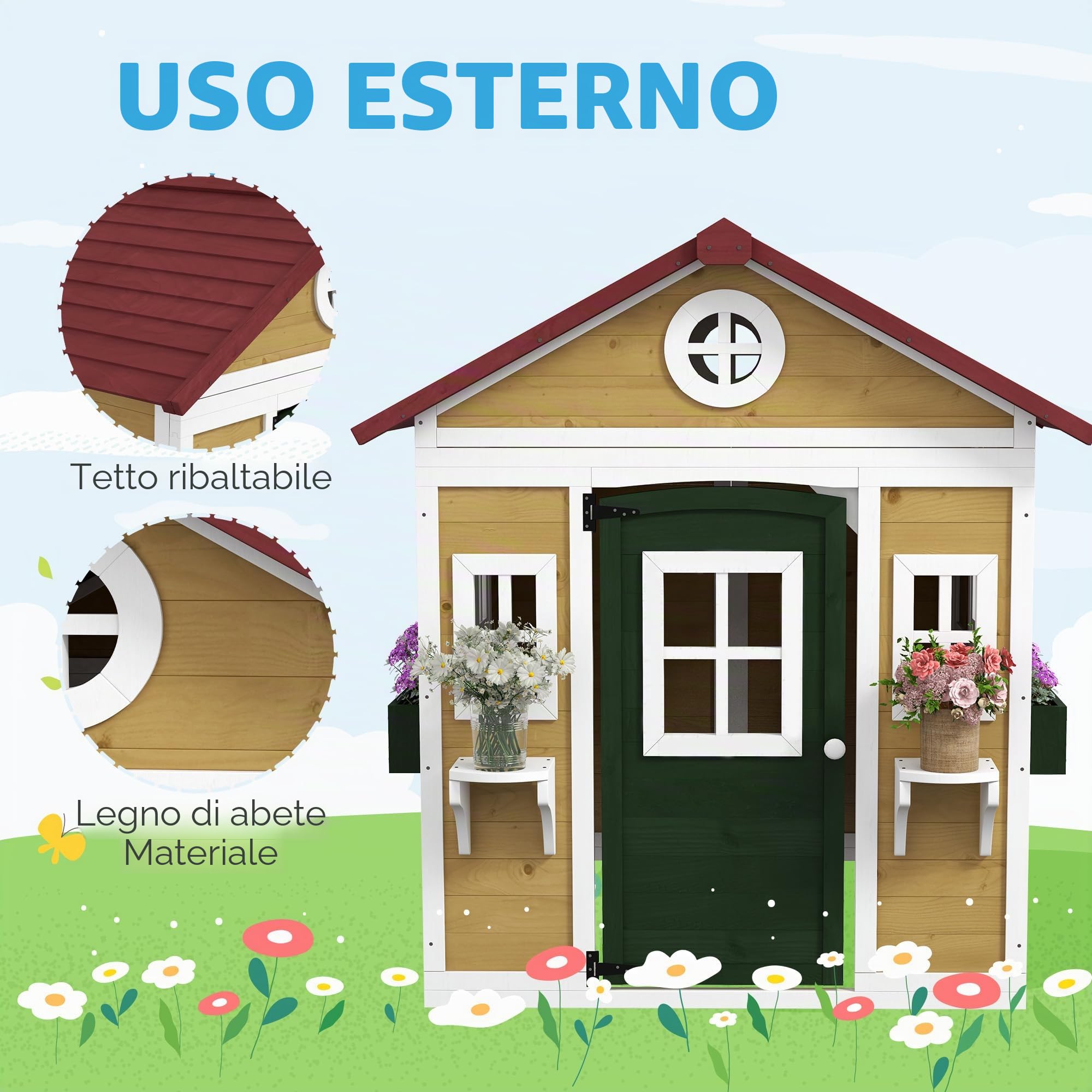 Outsunny Casetta per bambini da esterno, casetta per bambini da esterno, con porta, finestre e fioriere, casetta da giardino per bambini da 3 a 8 anni, 114 x 126,4 x 135 cm, beige