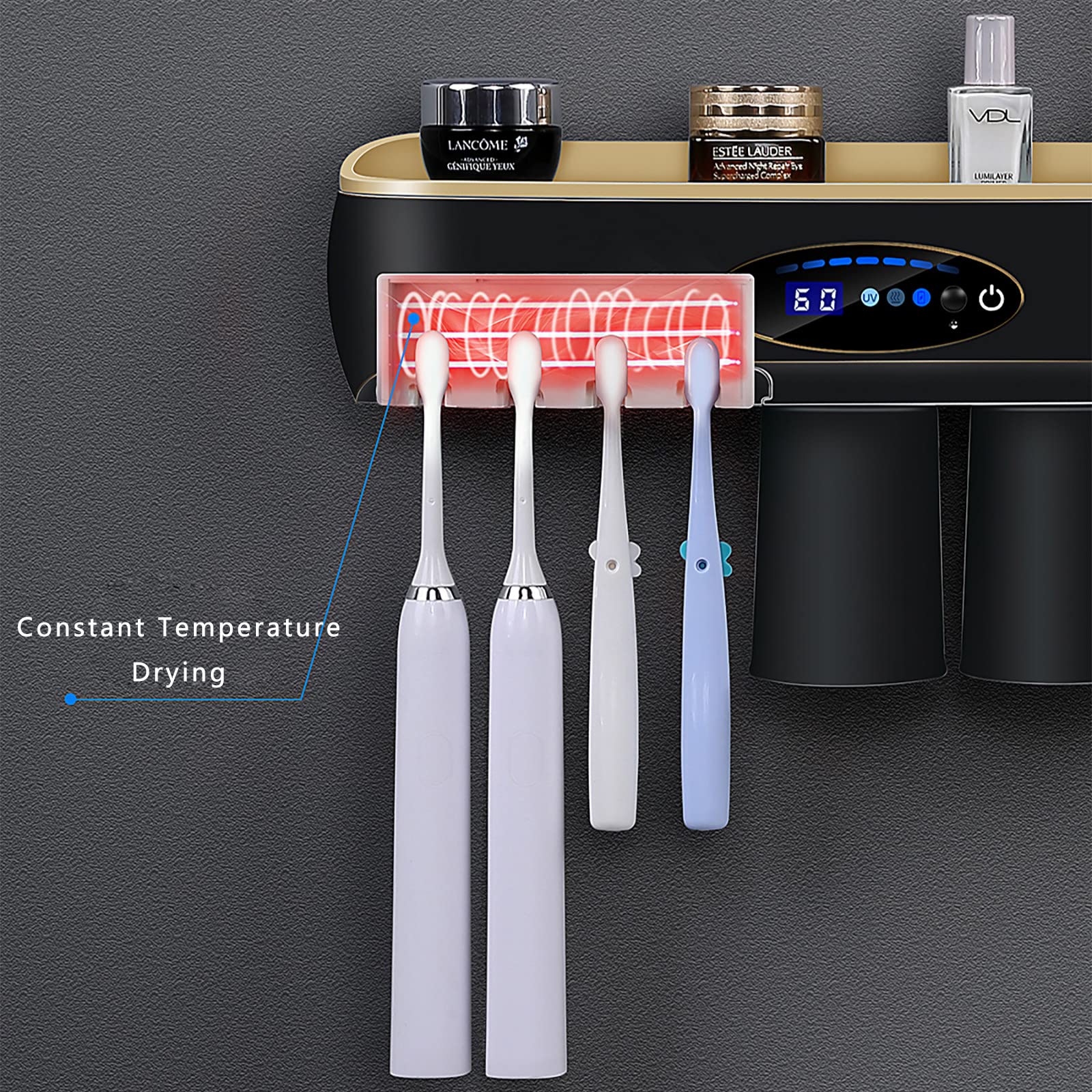 Porta Spazzolino Elettrico, Porta Spazzolino Parete, LED Porta Spazzolini Bagno con Luce Notturna, Accessori Bagno con Sterilizzatore per Funzione di Asciugatura Ricaricabile USB Nero
