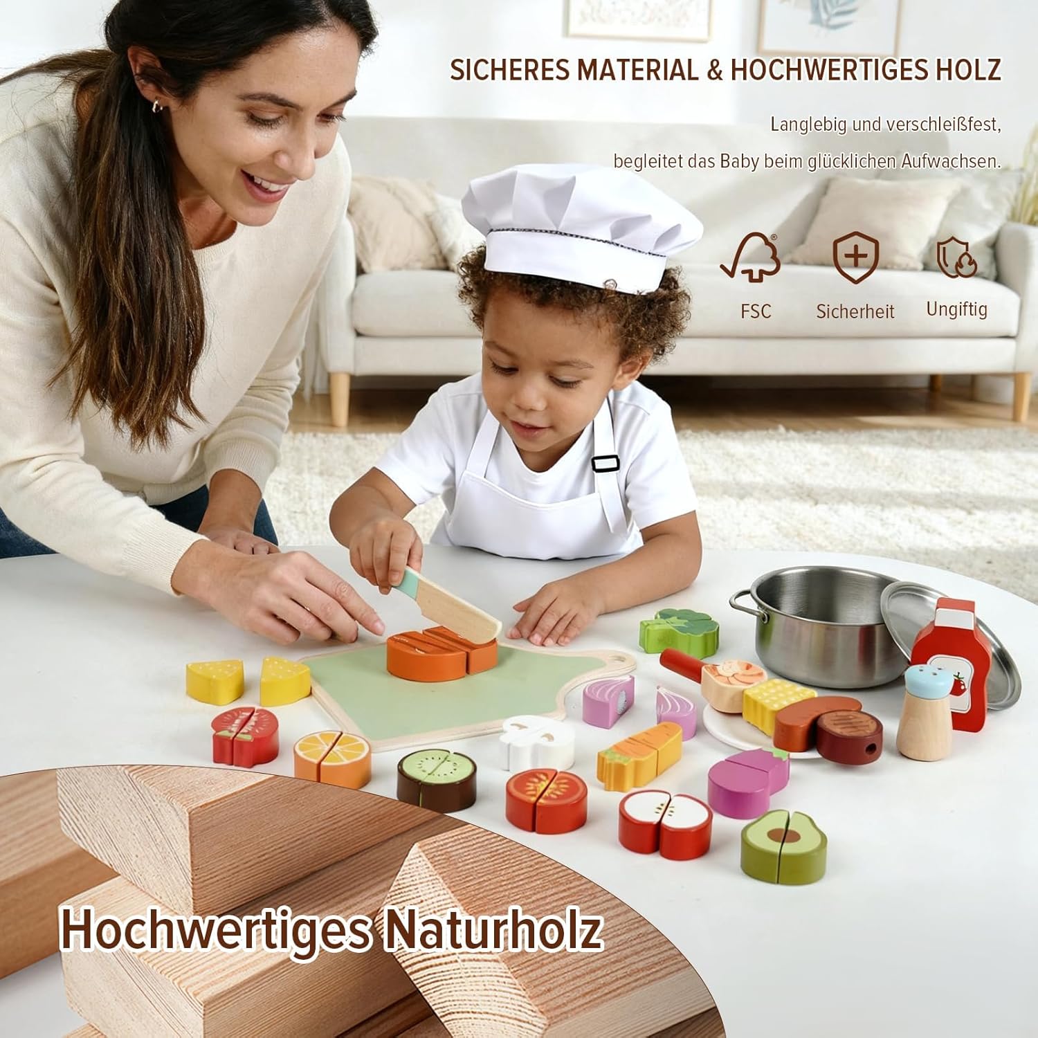 EDUBEBO Wooden Play Food Set for Toddlers,Cutting Food for Preschool Activities, Pretend Play Kitchen Accessories for Kids, Fake Food Kitchen Toys for Boys & Girls