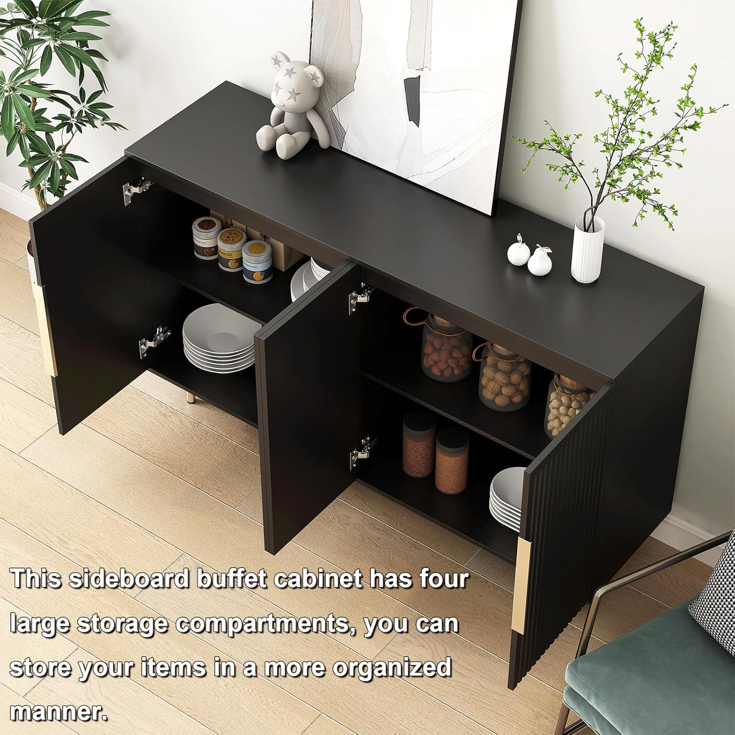 Sideboard Cabinet, 56" Large Buffet Cabinet with Storage, Wood Credenza Storage Cabinet with 4 Fluted Decorative Doors and Adjustable Shelves, for Living Room, Kitchen, Entryway, Black