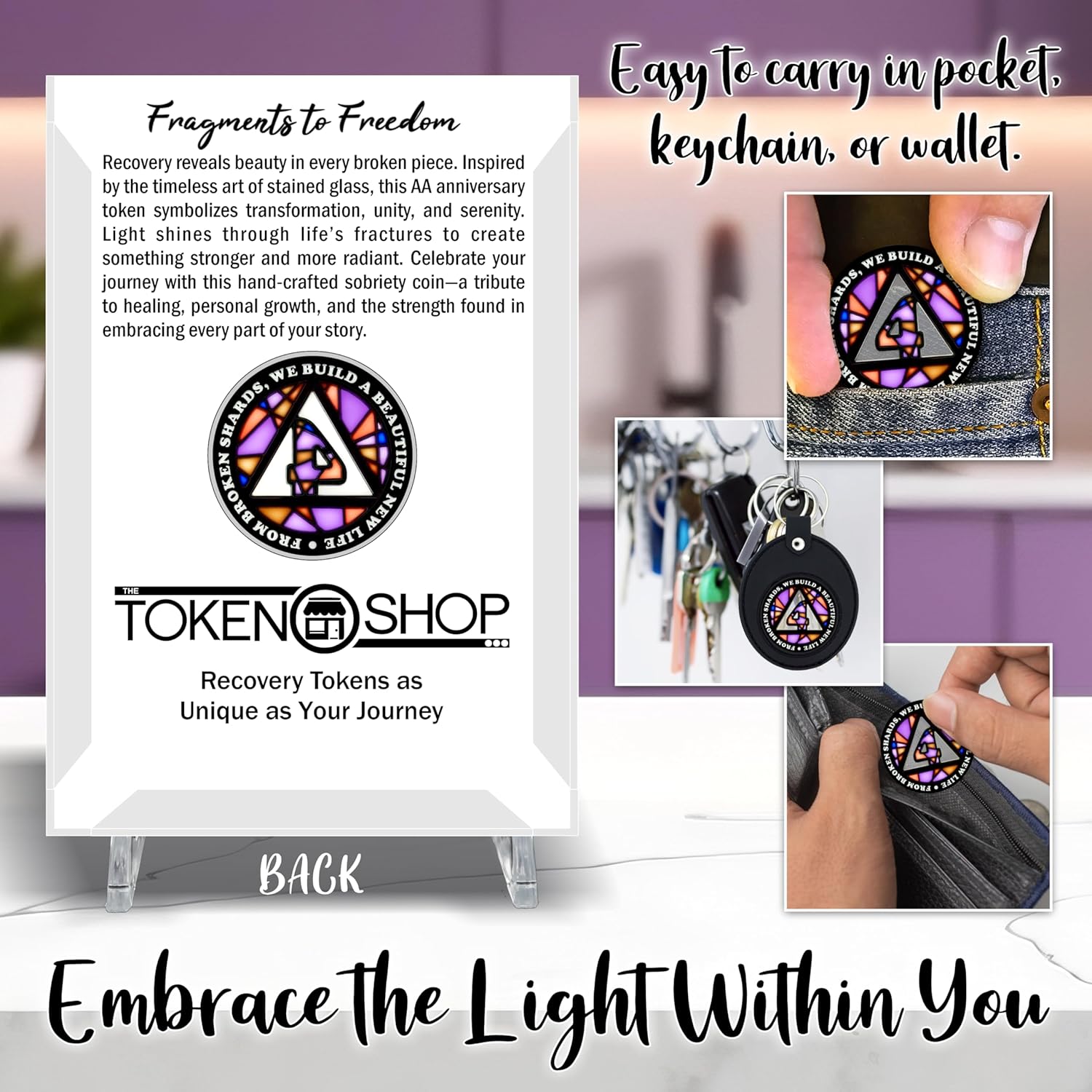 Stained Glass 4 Year AA Chip Sobriety Coin Medallion, Fragments to Freedom Alcoholics Anonymous Addiction Recovery Anniversary Token, Inspirational Sober Gifts for Men and Women by the Token Shop