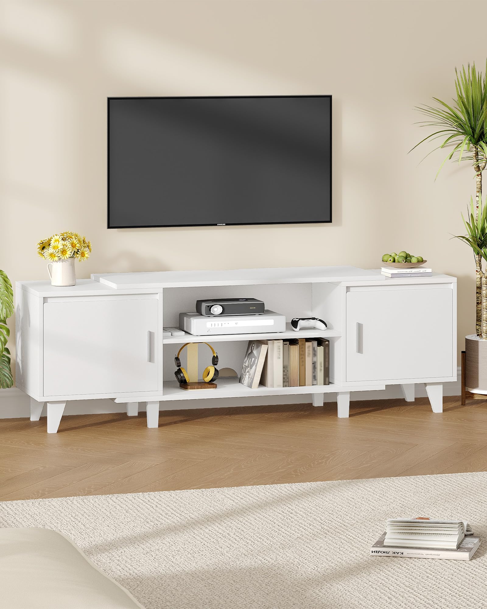 Hzuaneri Mueble de TV con 2 Puertas, Estantes Ajustables, Mesa de TV para televisores de hasta 65 Pulgadas, 40 x 140 x 51,5 cm, para Sala, Dormitorio, Comedor, Blanco TV16703E