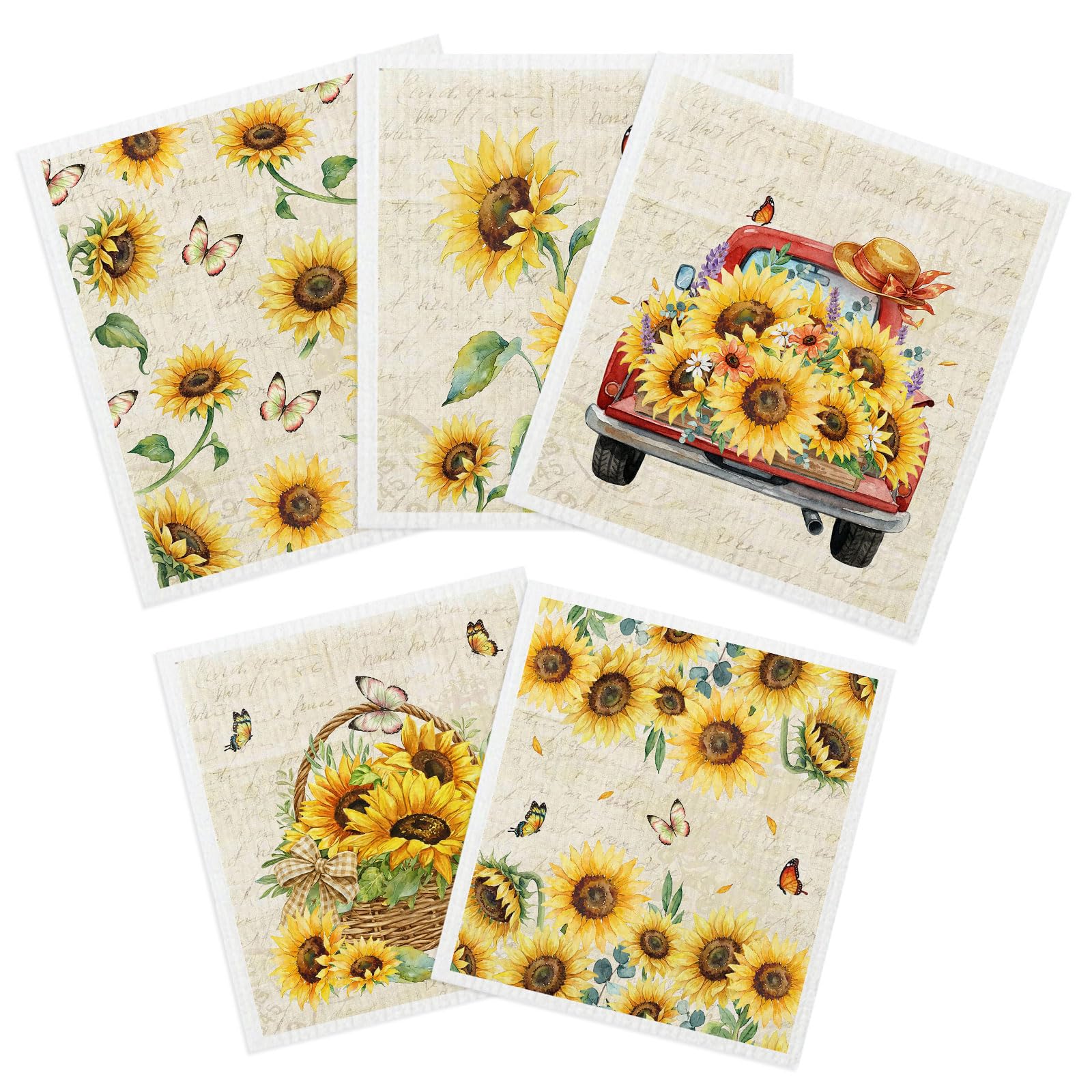5 Pack Swedish Dishcloths, Sunflower Kitchen Dishcloths Dish Towels for Flower Lover, Colorful Mixed Colours Reusable Cleaning Cloths for Kitchen, Paper Towel Dish Cloth Towel Cleaning Wipe for Home