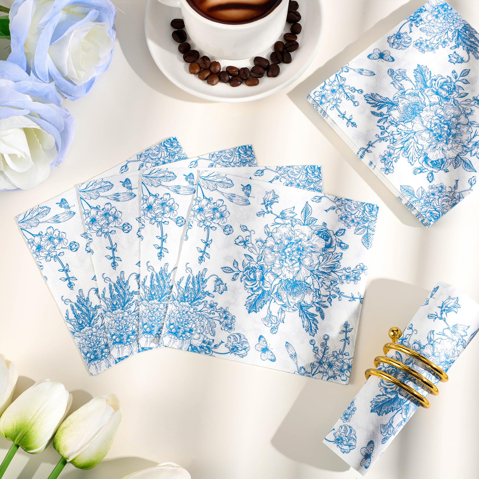 NatNarr 100 servilletas de cóctel florales azules, servilletas azules y blancas, diseño vintage de flores y mariposas, servilletas de postre, servilletas azules para baby shower, fiesta de té, fiesta