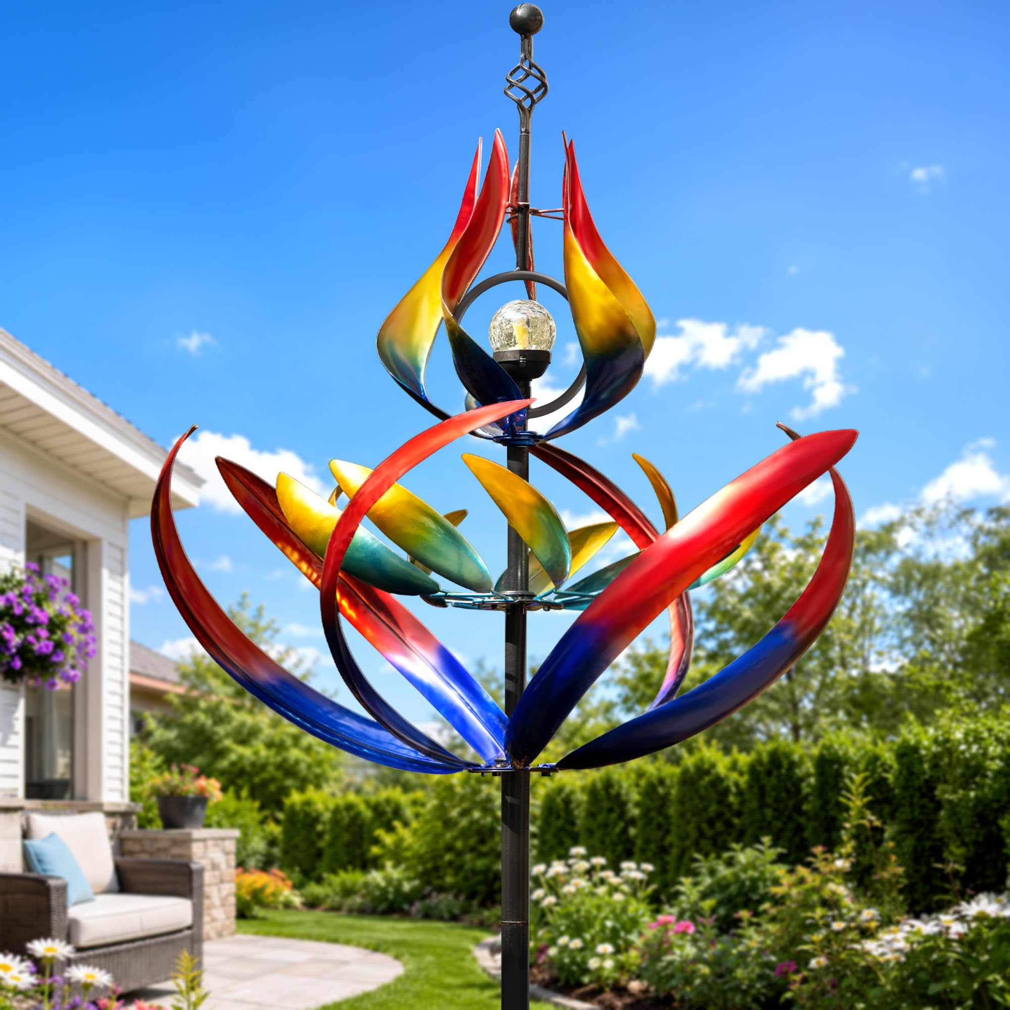 Photo 1 of 107" Large Solar Wind Spinner Outdoor Metal - 3-Tier Kinetic Wind Sculptures with LED Glass Ball Light, Multi-Color Tulip Windmills for Yard Garden Decor, Patio Porch Lawn Ornament Gardening Gifts