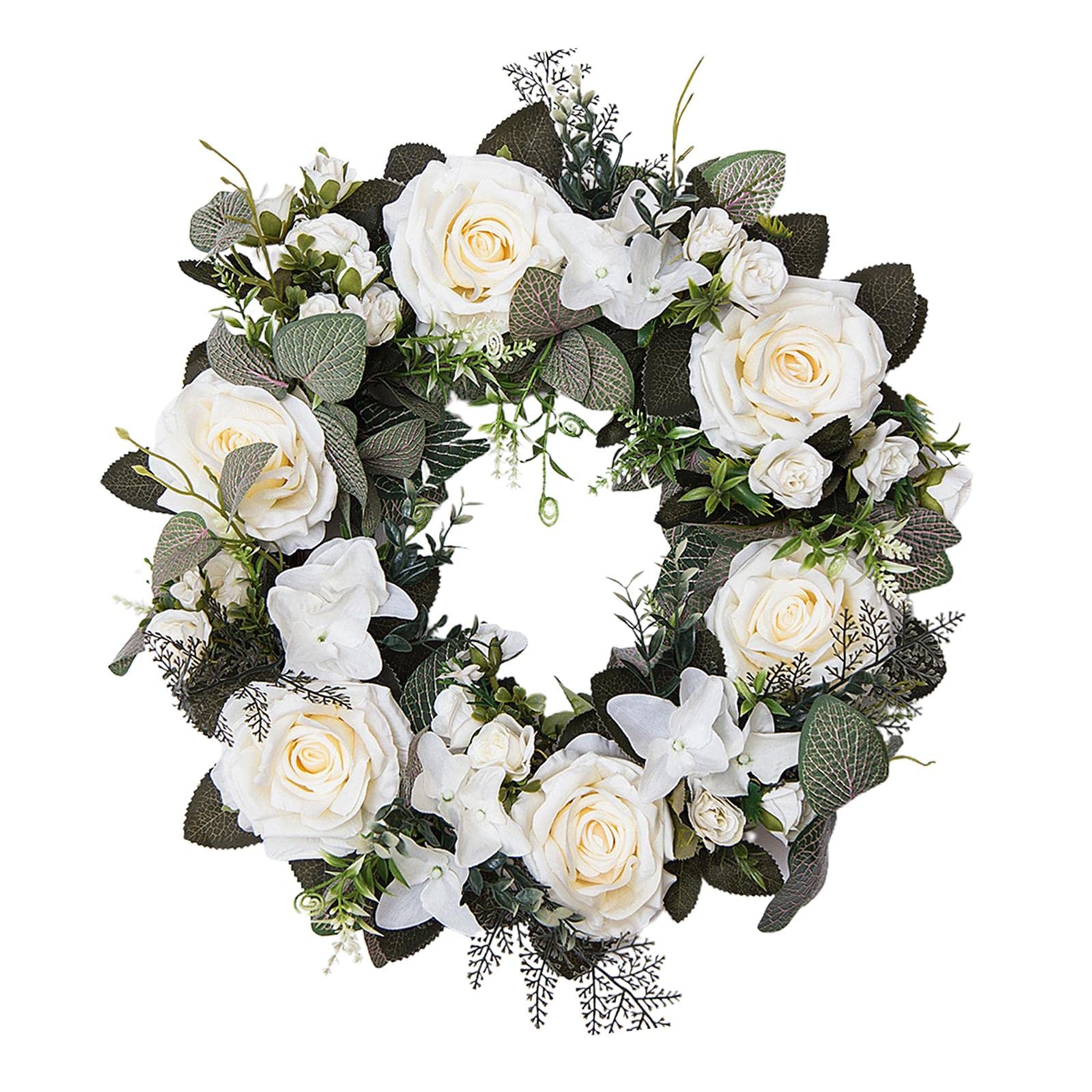 predolo 45 cm Künstlicher Blumenkranz für die Tür, Künstliche Rose Kranz für Haustür, Realistischer Blumen Türkranz Seidenblume Saisonale Kränze - Schöne Dekoration für Hochzeiten und Feste, Weiß