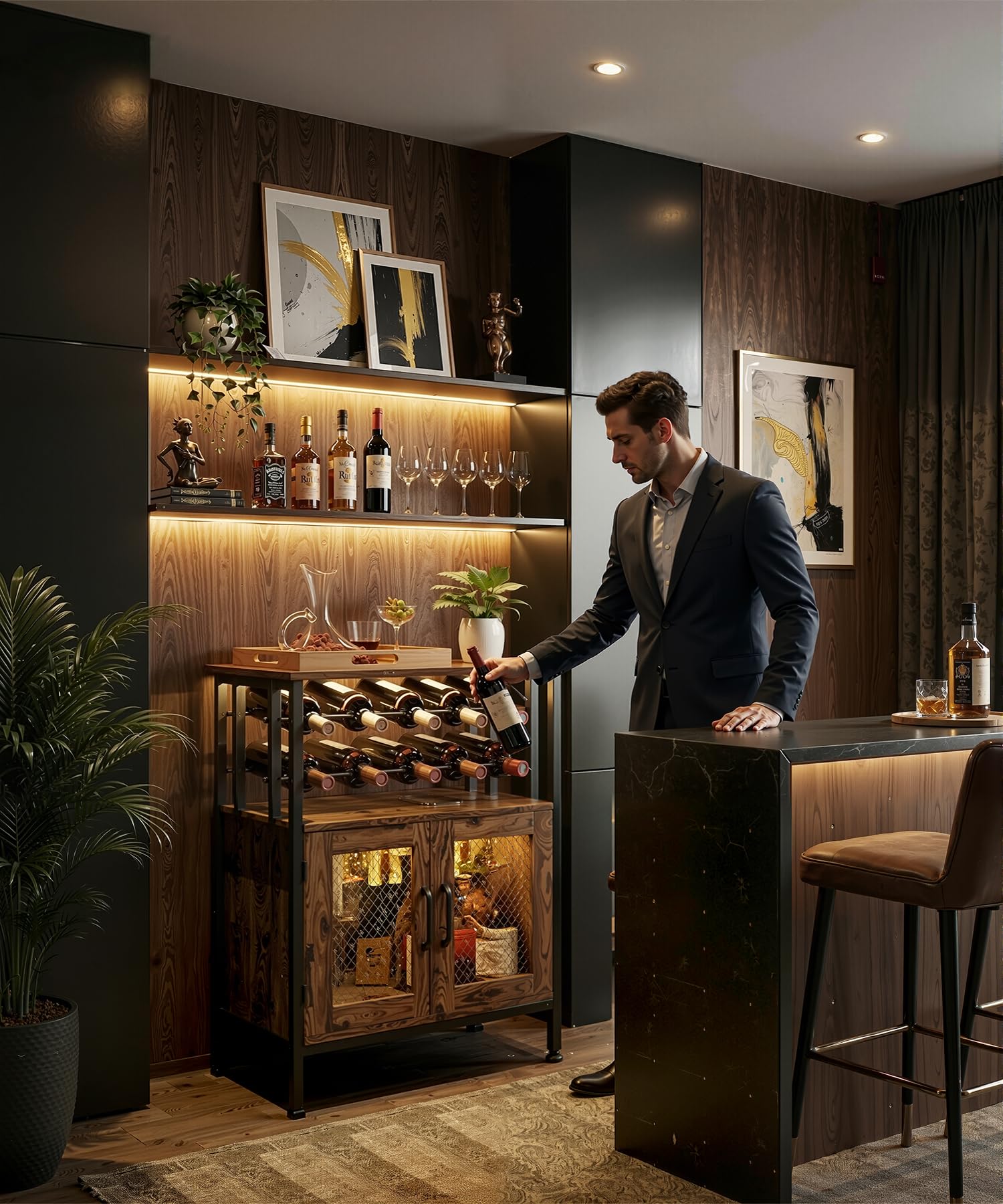 Yorbay Mobili Portabottiglie con Luci LED: Mobile Bar Autoportante con Anta a Griglia per 10 Bottiglie e 6 Bicchieri - Scaffale per Vini in Stile Industriale per Cucina Soggiorno Sala da Pranzo