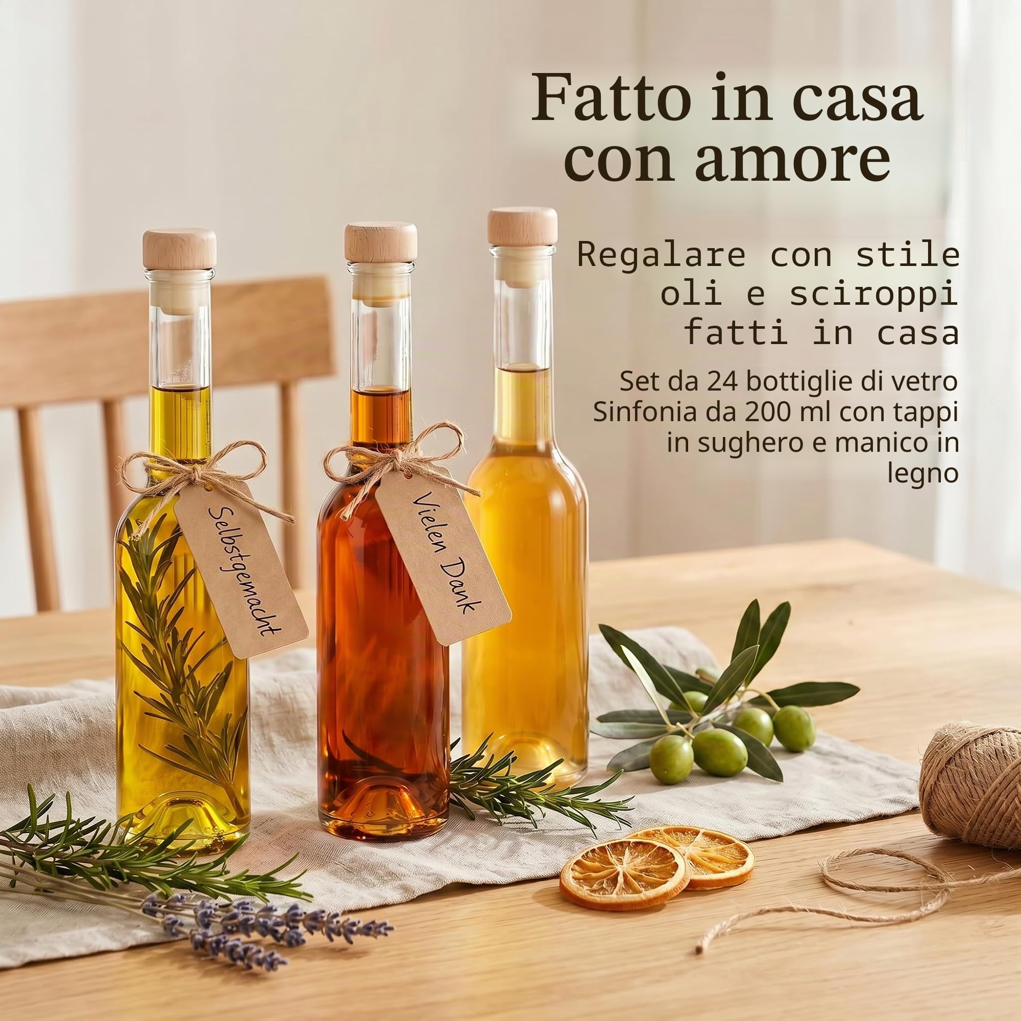 gouveo Set da 24 bottiglie in vetro Sinfonie (0,20 l) con tappo in sughero con pomello in legno bottigliette trasparenti per liquore sciroppo olio aceto decorazione (SIF200HGK)