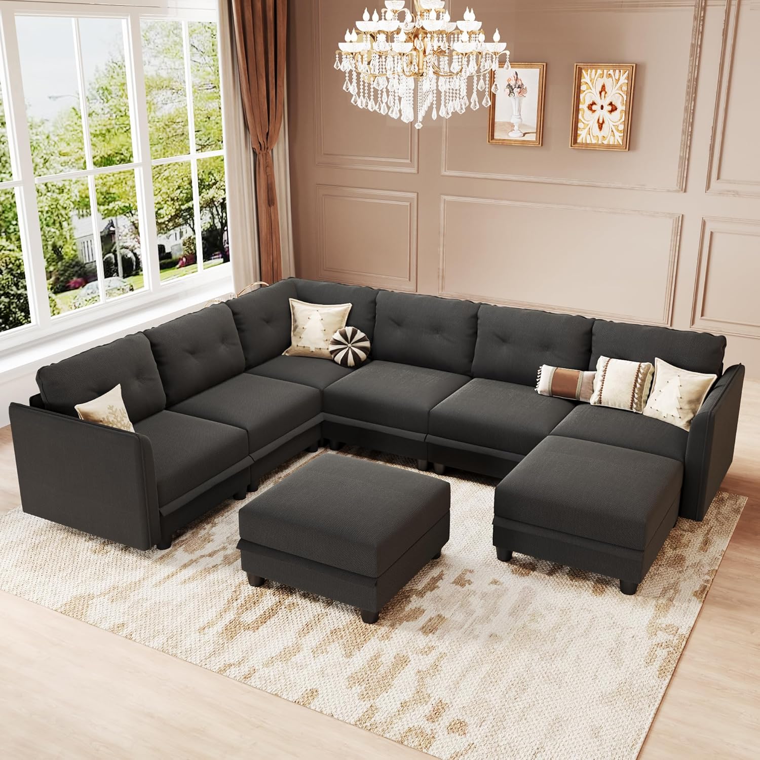LLappuil Modular Sectional Sofa with Storage Oversized U Shaped Couch with Reversible Chaise Luxury Velvet Sofas for Living Room 7 Seats with Ottoman Denim Black Grey