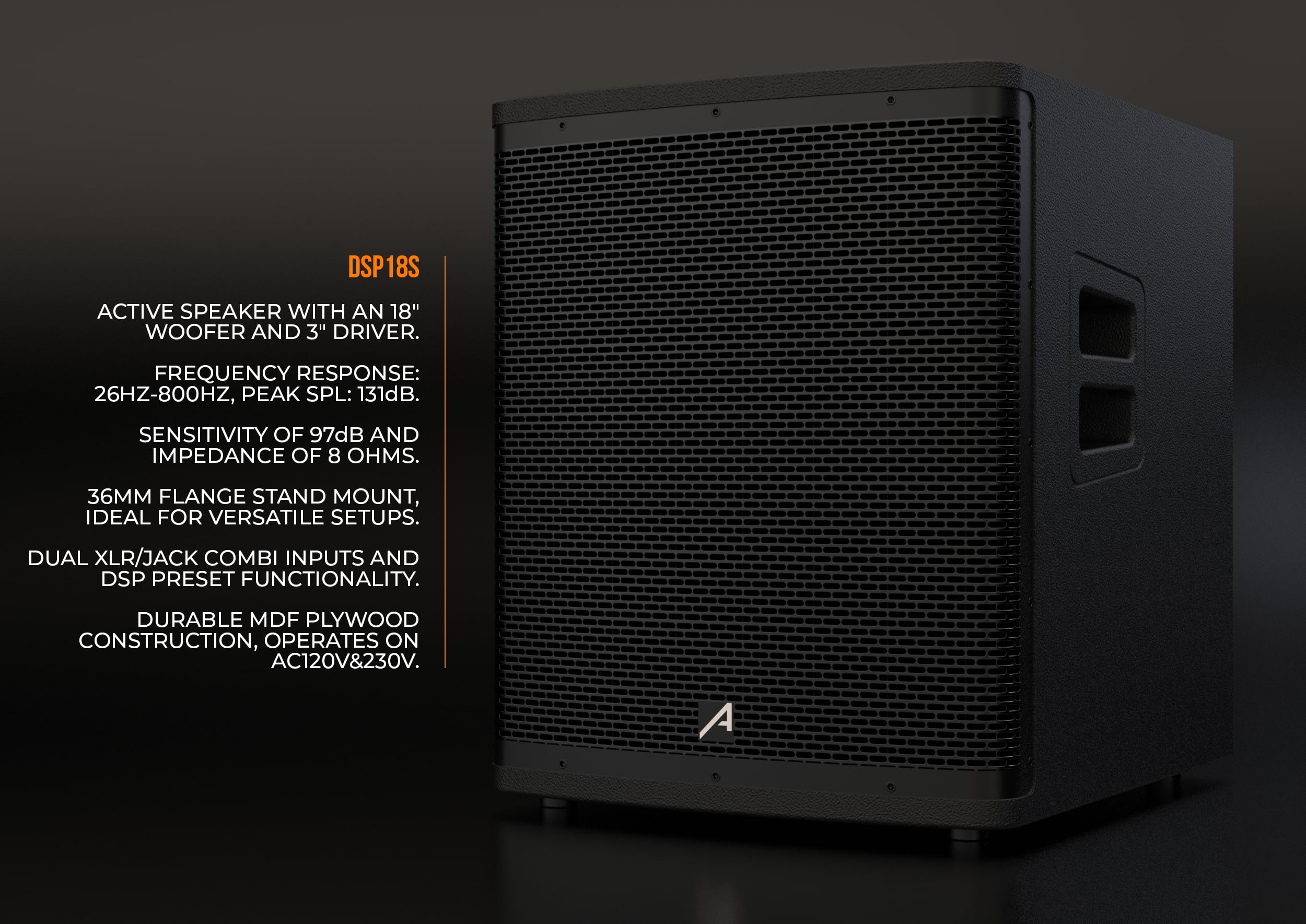 Audibax DSP18s - Haut-Parleur Actif 18" avec DSP - Enceinte Puissant - Puissance 600W - DSP Interne Professionnel pour l'Égalisation et Les Modes de Lecture - Subwoofer Amplifié