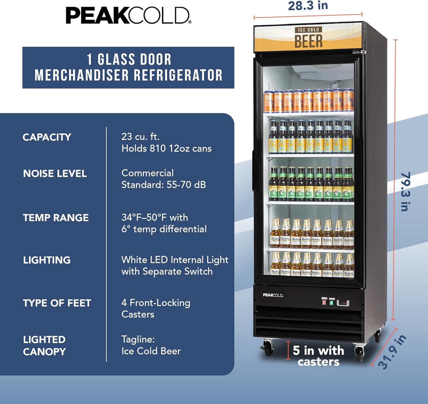 PEAKCOLD 1-Door Display Refrigerator - 23 Cubic Ft, Energy Efficient, Black Merchandiser Refrigerator With Glass Door, White Interior & LED Lighting - Commercial Display Cooler